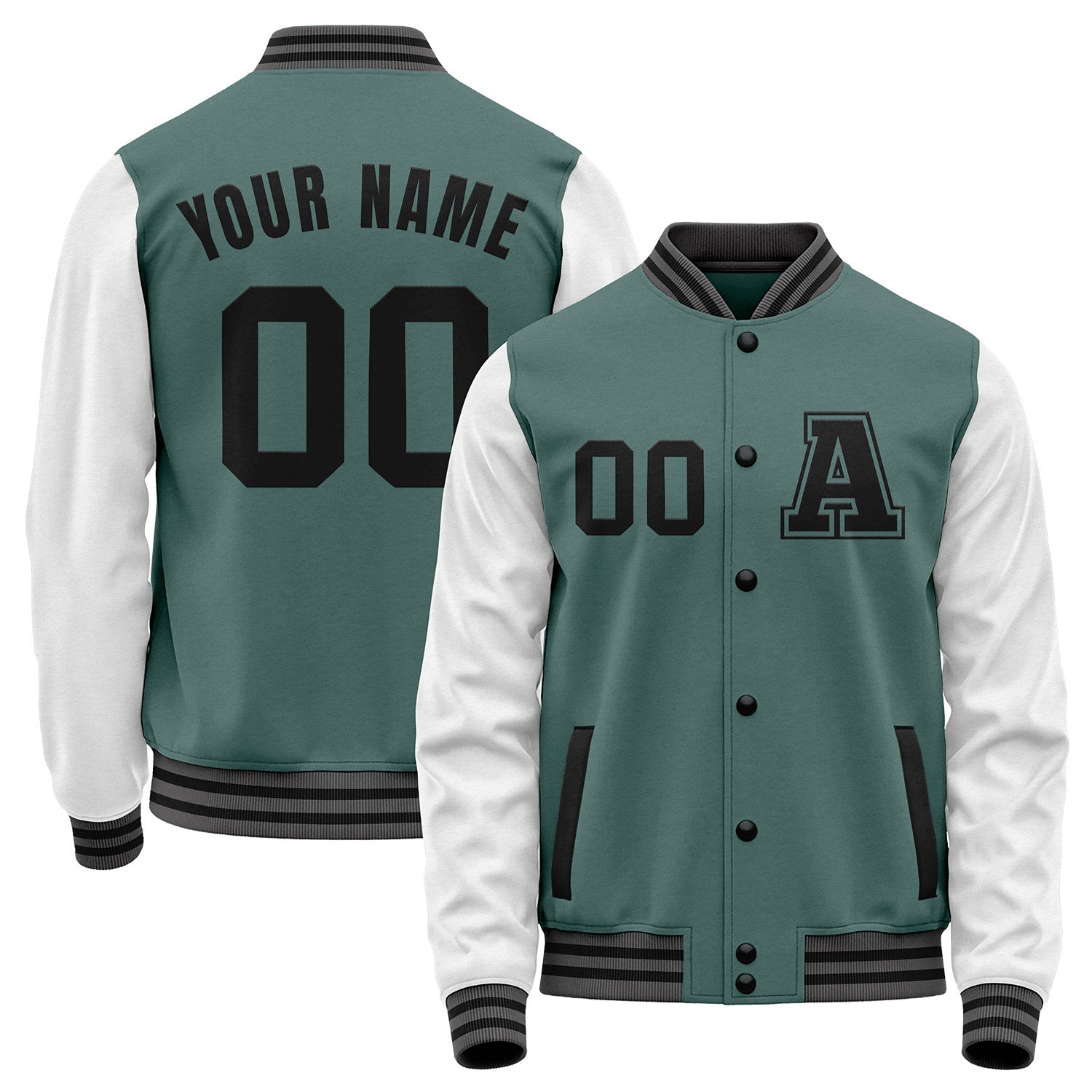 Custom teal and white baseball team jackets by Vosoli with stitched name, number and logo. Classic varsity jacket for baseball and casual wear.