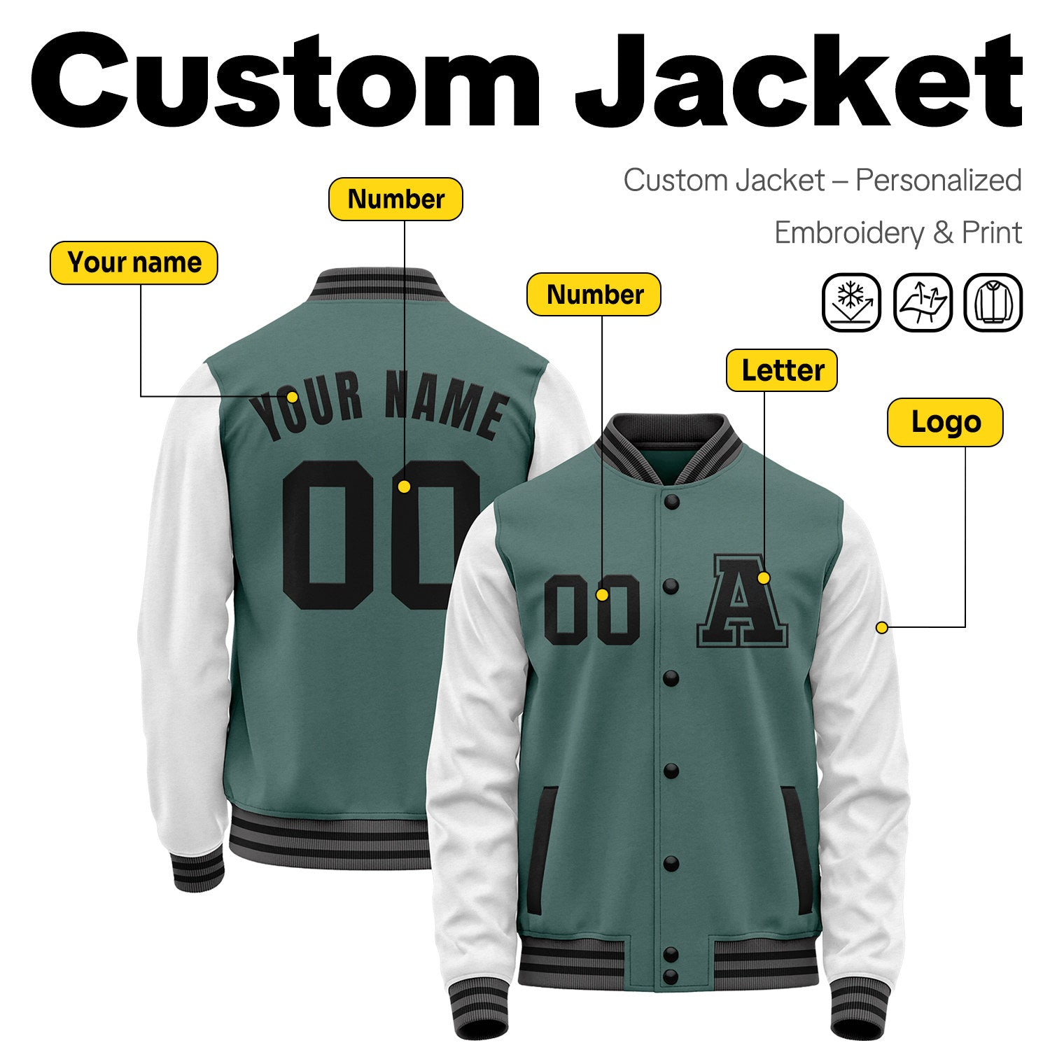 Custom Varsity Jacket with Stitched Name & Number | Teal & White Personalized Team Letterman Bomber