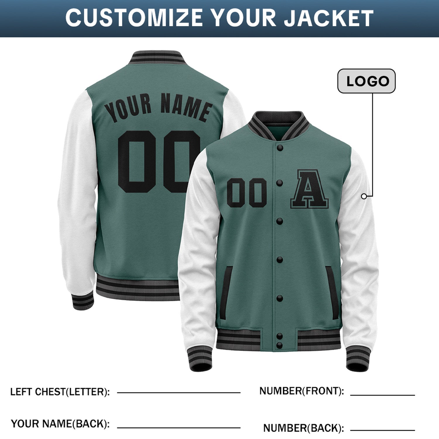 Custom Varsity Jacket with Stitched Name & Number | Teal & White Personalized Team Letterman Bomber