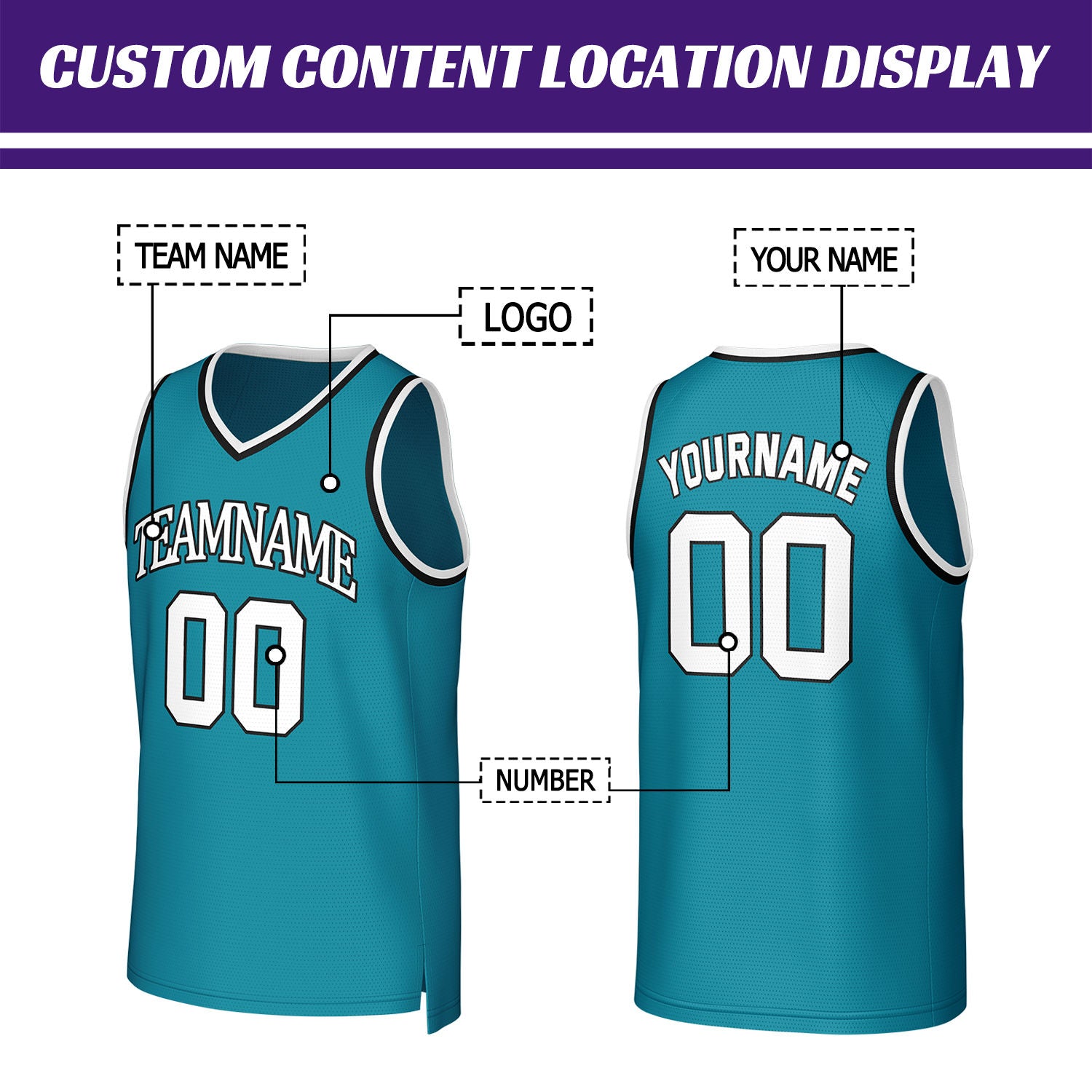 Custom Teal & White Basketball Jersey | Personalized Name & Number Team Uniform