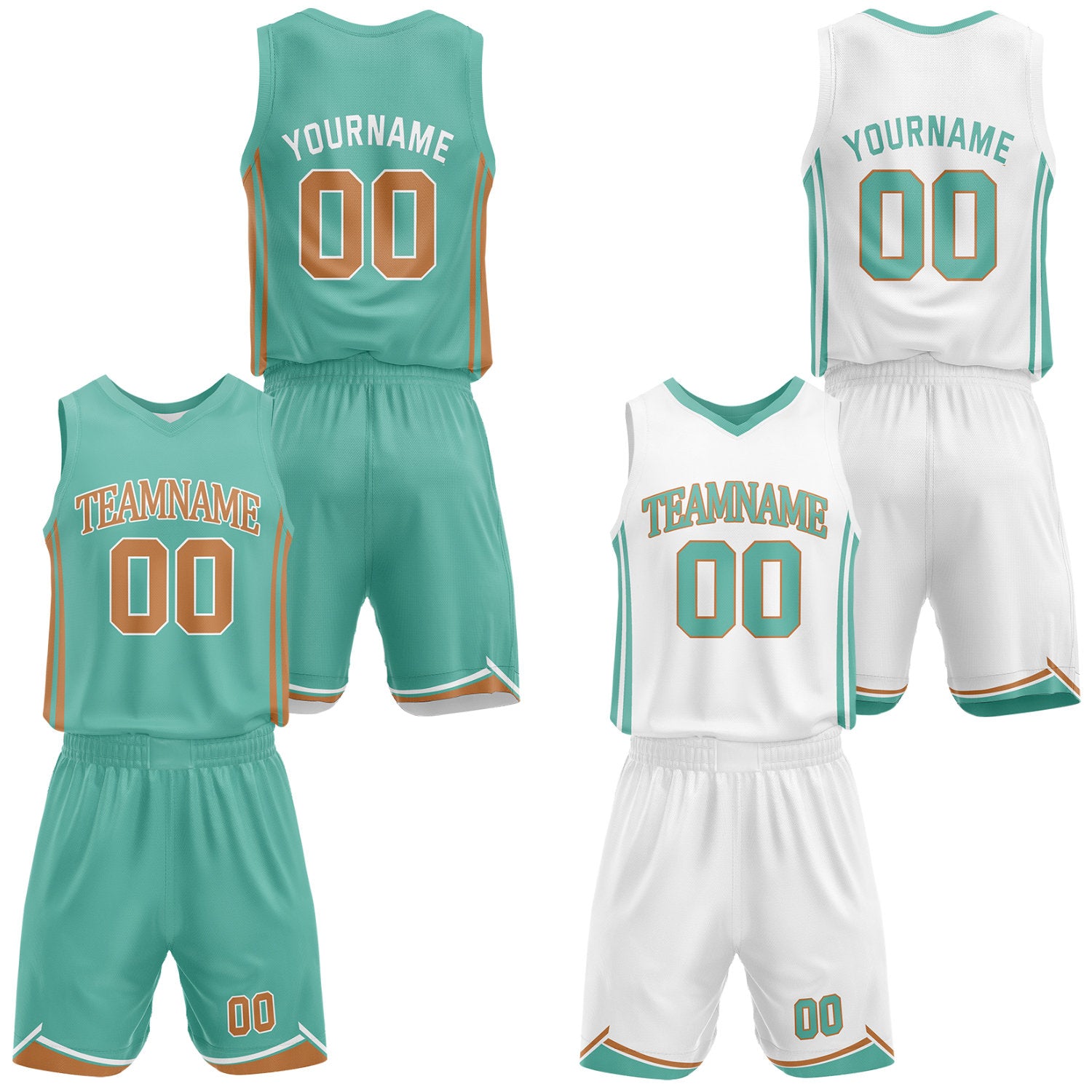 Custom teal & white reversible basketball jersey shorts set by Vosoli | Personalized team name number casual vintage uniform sportswear