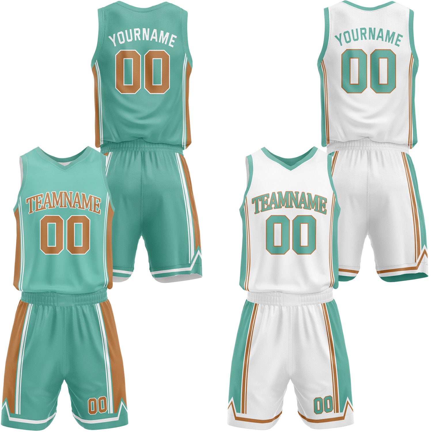 Custom teal & white reversible basketball jersey shorts set by Vosoli | Personalized team name number casual vintage uniform sportswear