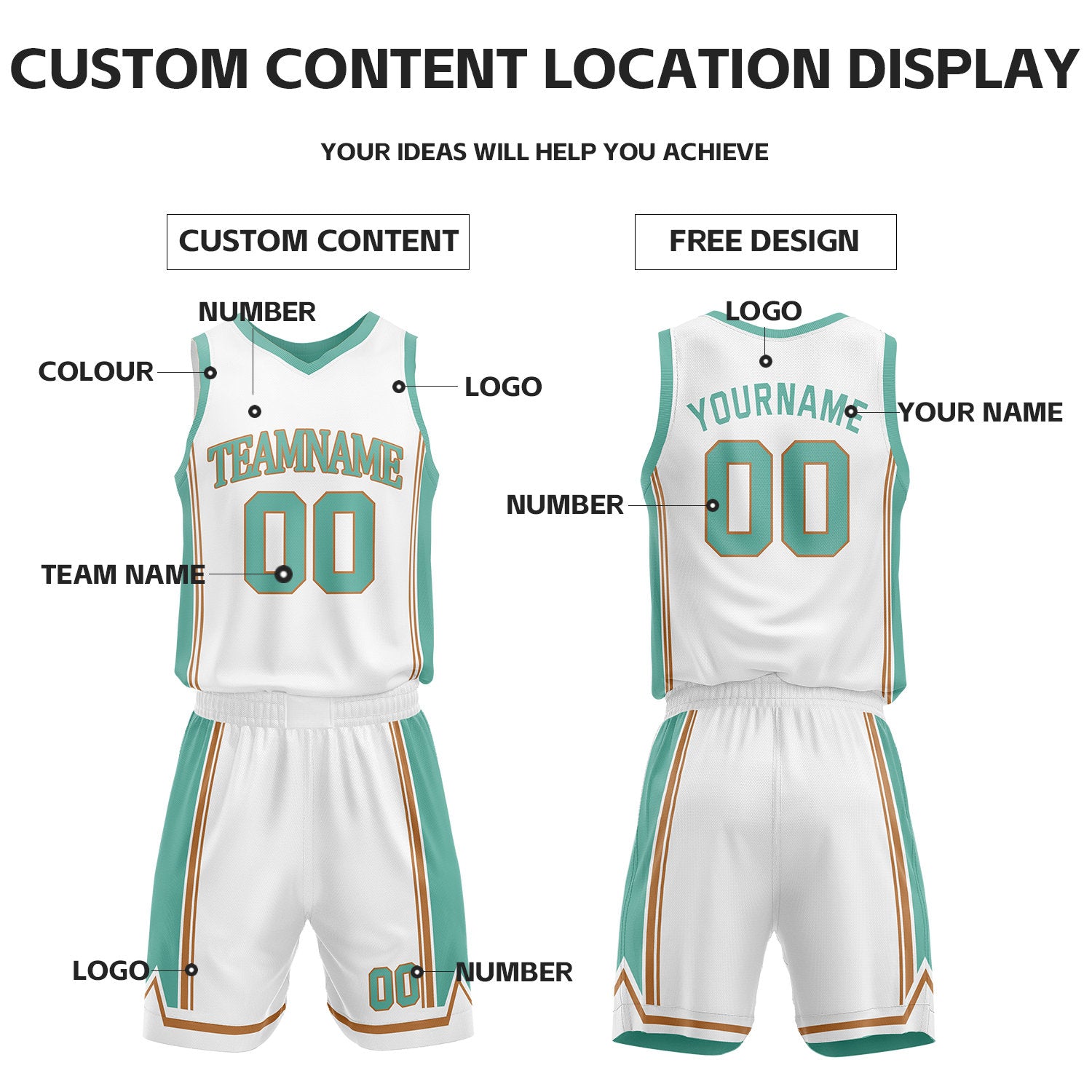 Custom Teal & White Reversible Basketball Jersey Shorts Set | Personalized Full Vintage Team Uniform