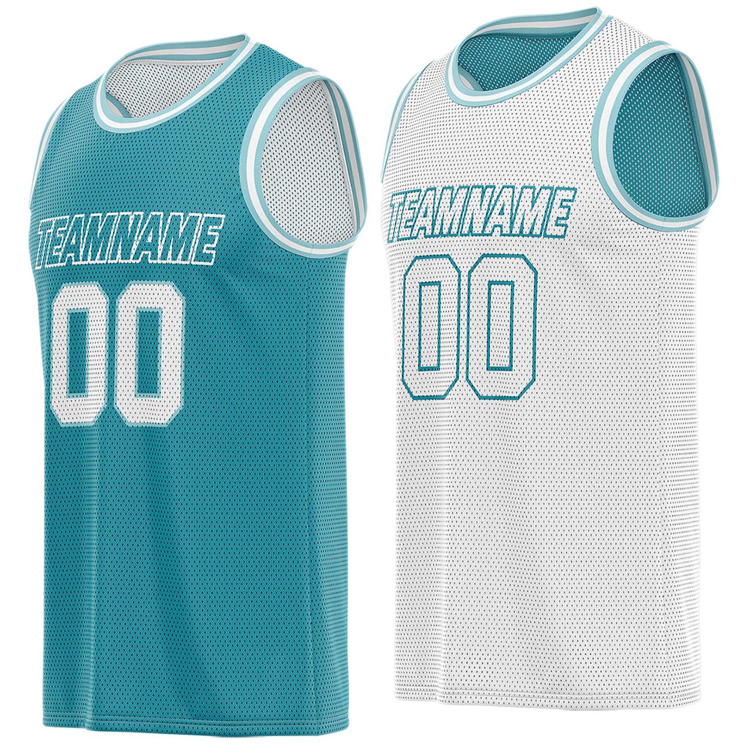 Custom teal & white reversible basketball jersey, personalized team name number breathable mesh sports top with light blue trim for men women youth game practice - Vosoli