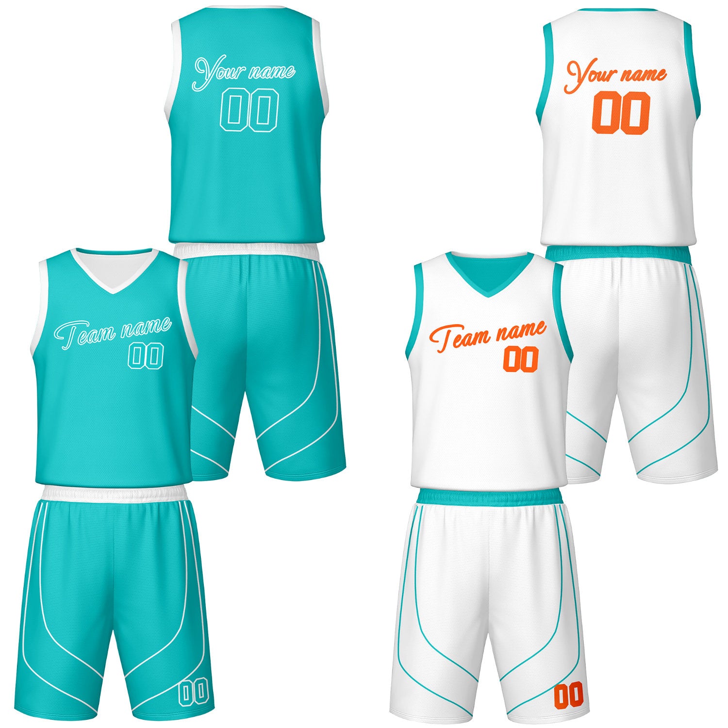 Custom teal & white reversible basketball jersey shorts set by Vosoli | Personalized script team name number vintage uniform sportswear