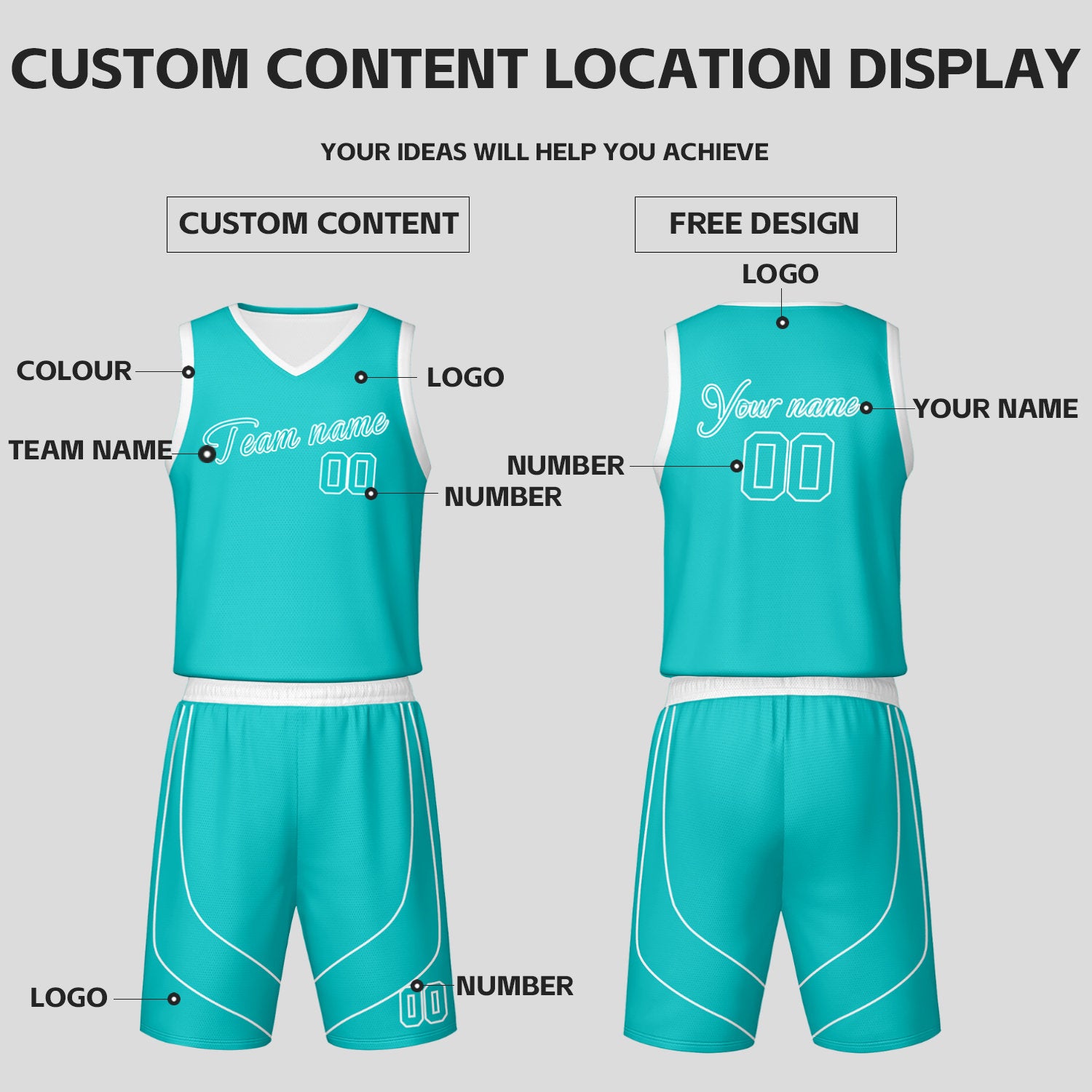 Custom Teal & White Reversible Basketball Jersey Shorts Set | Personalized Team Uniform