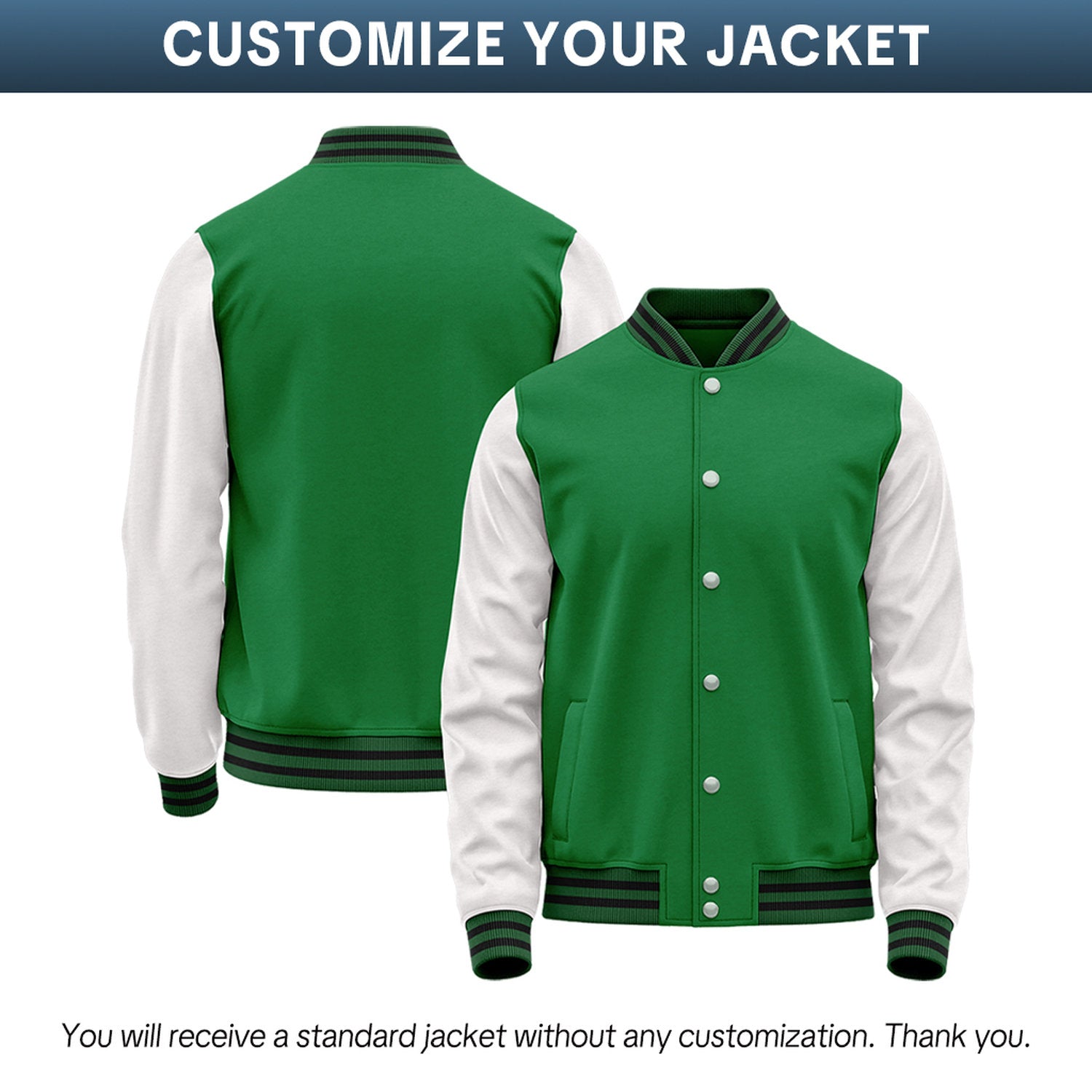 Custom Green & White Two-Tone Varsity Jacket | Personalized Baseball Bomber with Name, Number & Logo