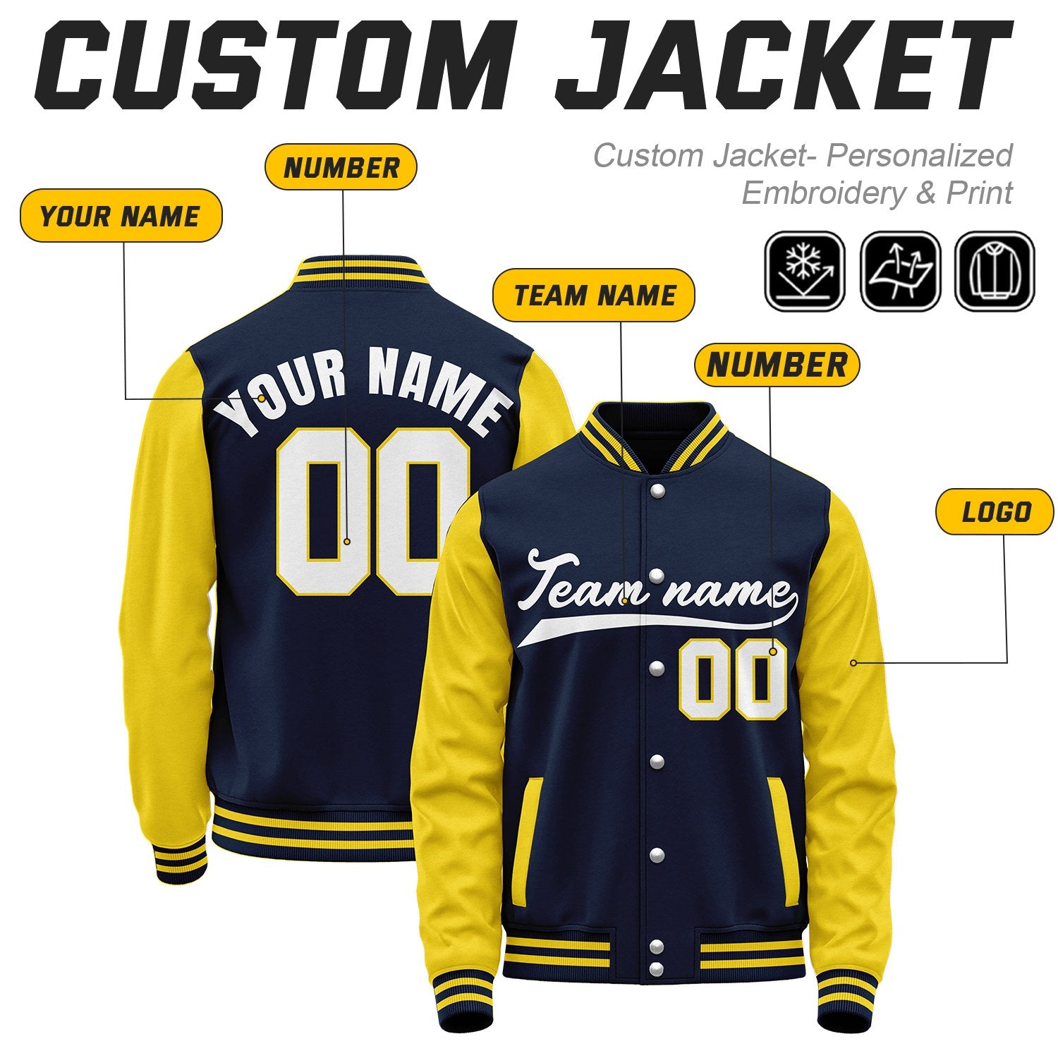 Custom Navy & Yellow Baseball Bomber Jacket | Retro Collegiate Varsity & Letterman