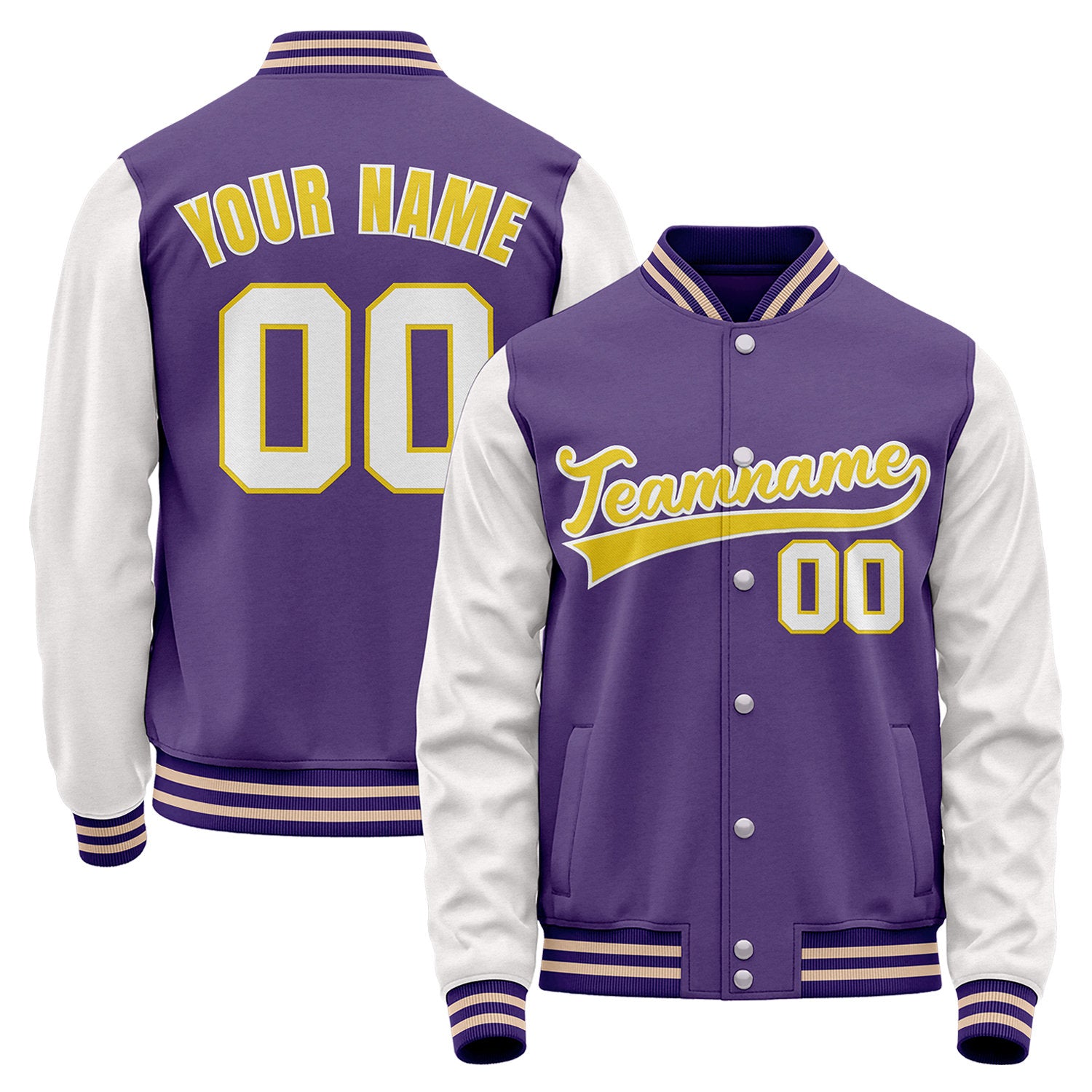 Custom team baseball jackets, purple and white varsity bomber jacket, personalized stitched or sublimated name, number and logo.