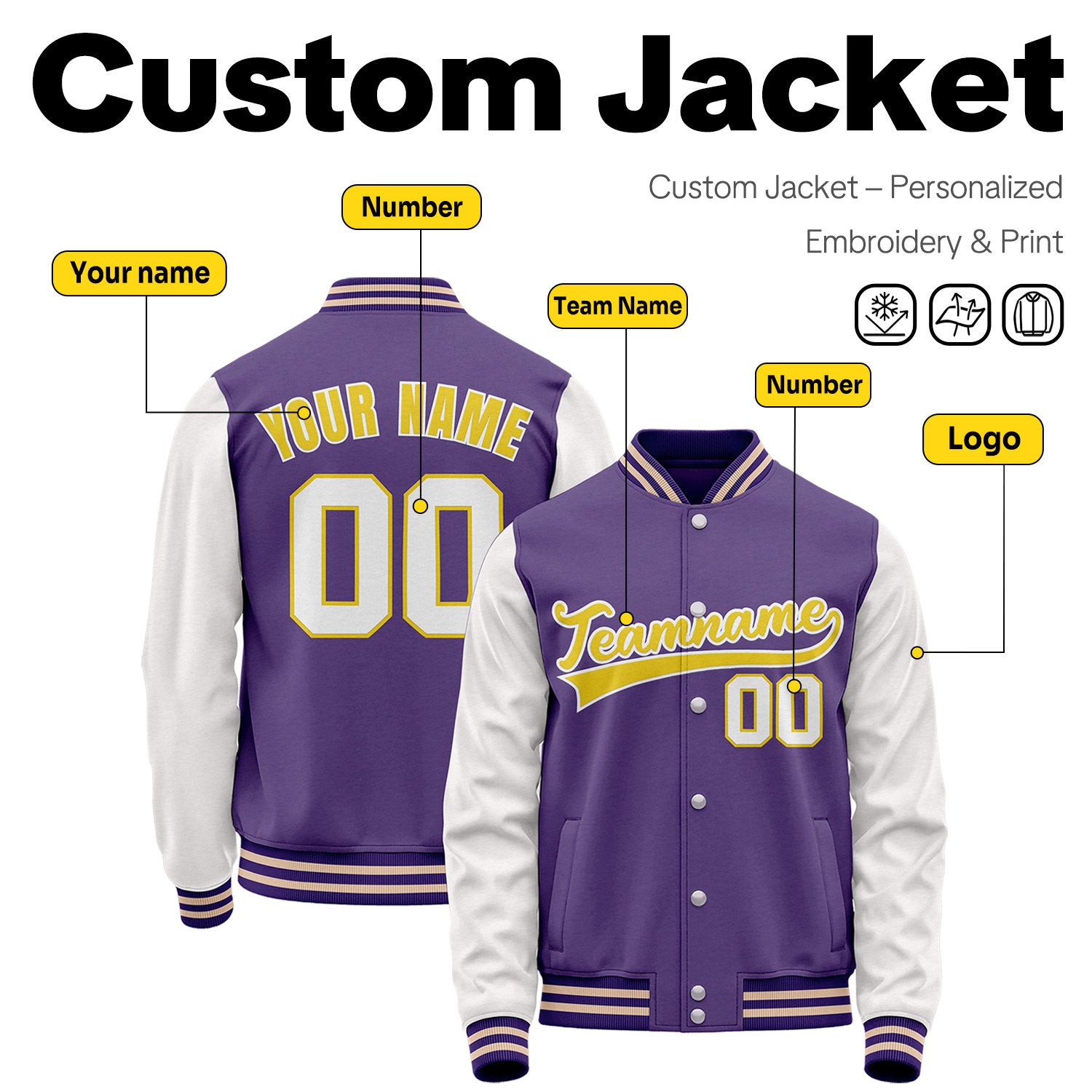 Custom Purple & White Two-Tone Varsity Jacket | Personalized Baseball Bomber with Name, Number & Logo