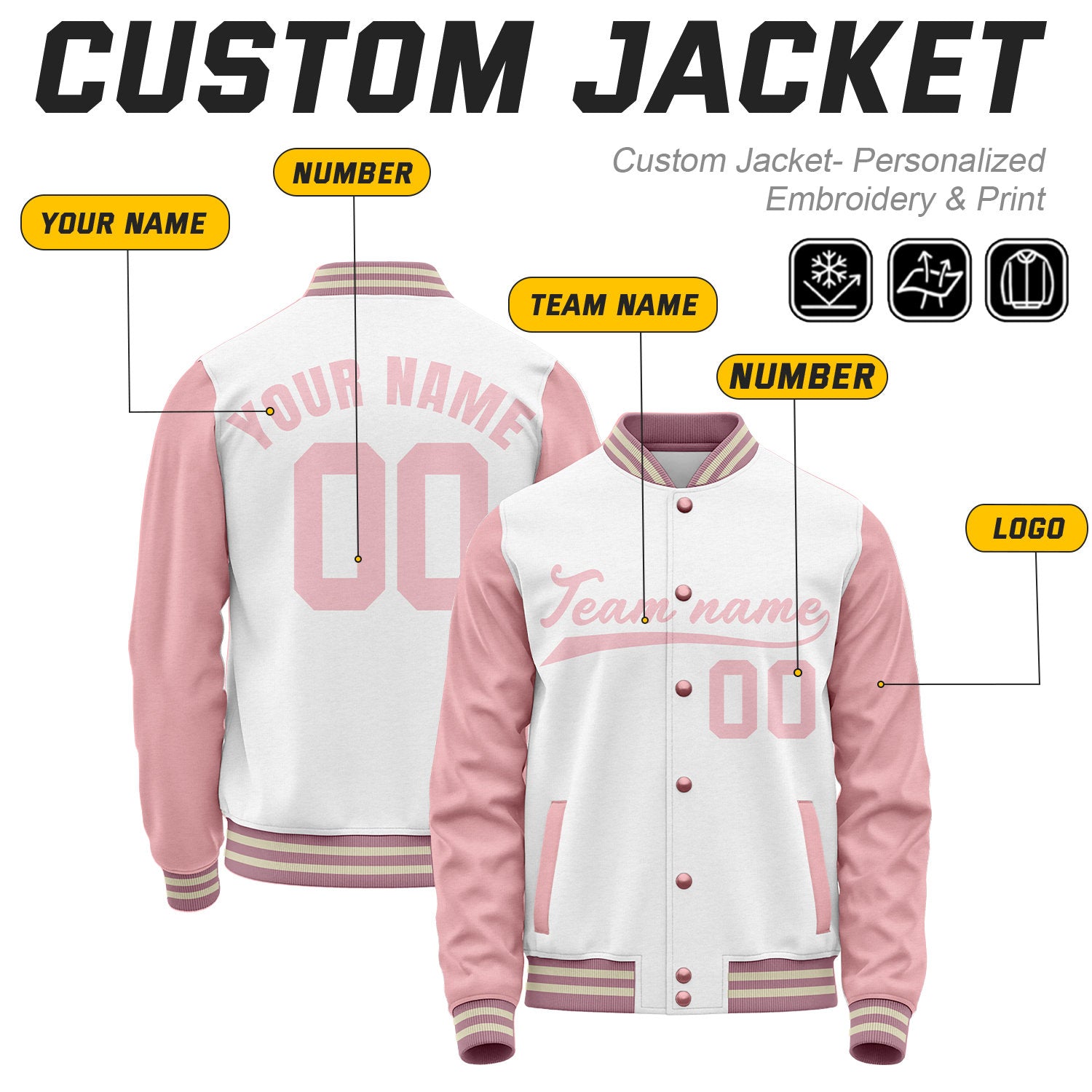 Custom White & Pink Baseball Bomber Jacket | Retro Collegiate Varsity & Letterman