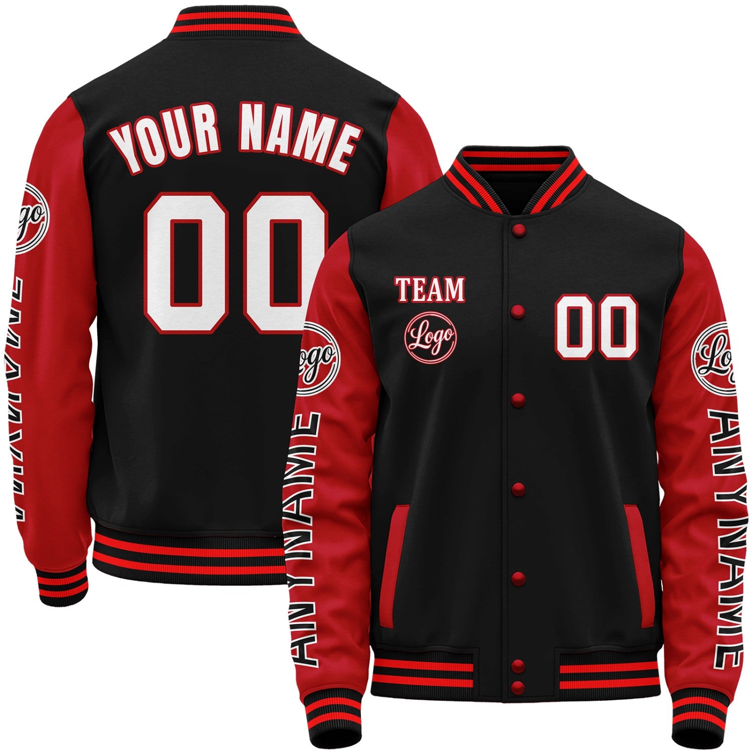 Custom team varsity jacket, black and red varsity bomber jacket, personalized stitched or sublimated name, number, sleeve text and custom logo.