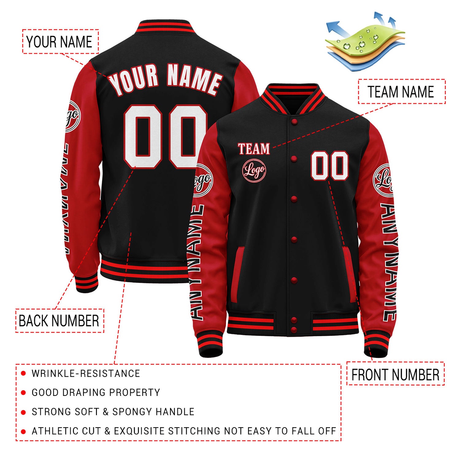 - Custom Black & Red Color Block Varsity Jacket | Personalized Letterman Bomber with Sleeve Text & Logo