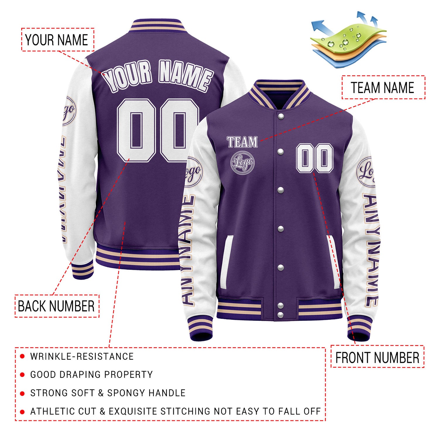 Custom Purple & White Color Block Varsity Jacket | Personalized Letterman Bomber with Sleeve Text & Logo
