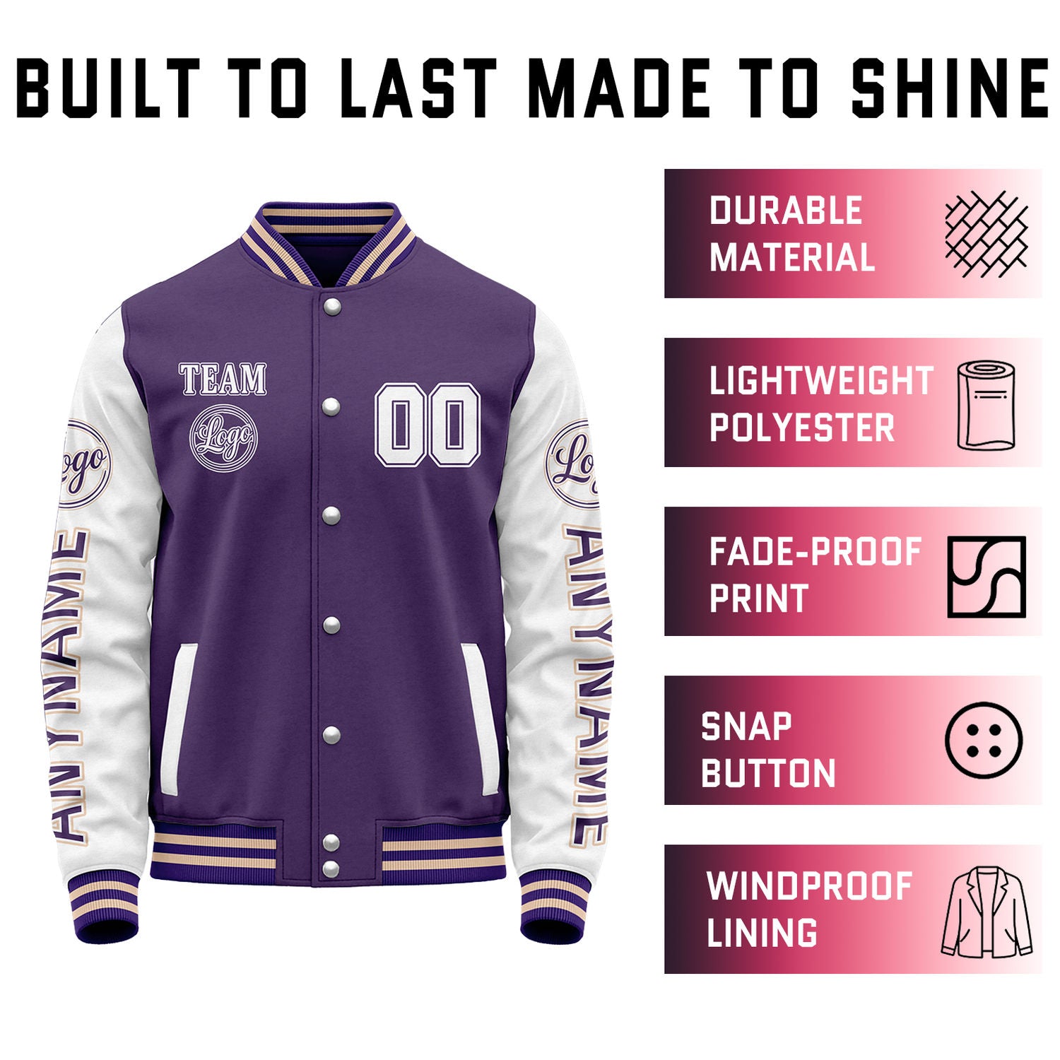 Custom Purple & White Color Block Varsity Jacket | Personalized Letterman Bomber with Sleeve Text & Logo