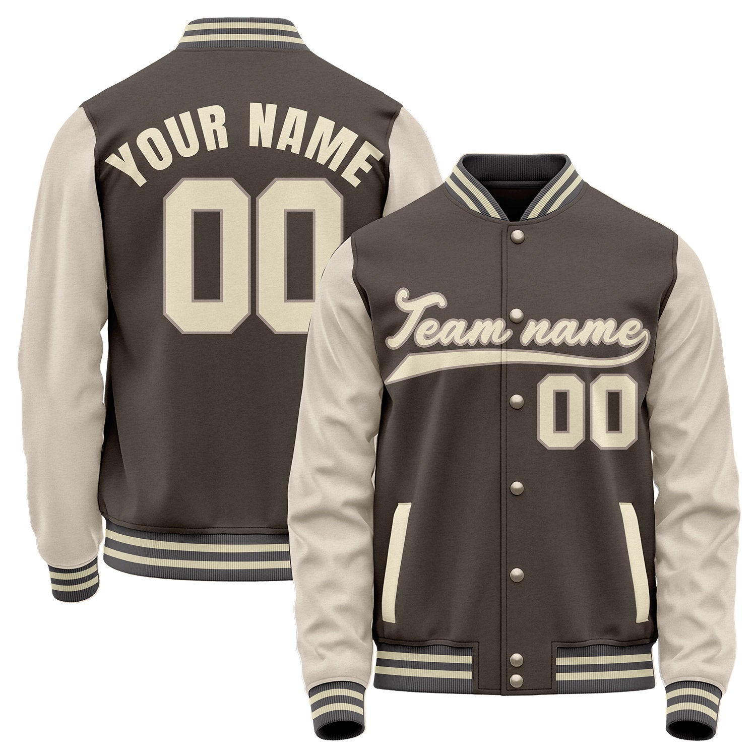 Custom team warm up jackets, charcoal and cream varsity letterman bomber jacket, custom team name, player number and logo.