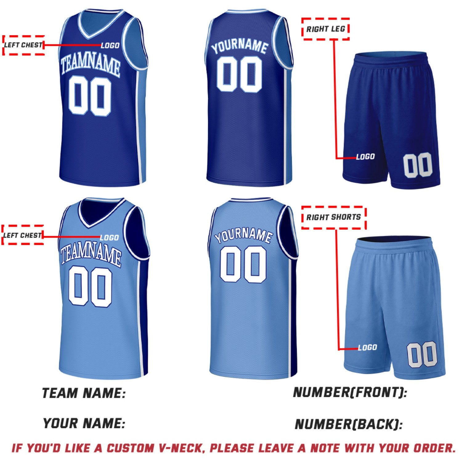 Custom Royal Blue & Carolina Blue Double Sided Basketball Uniform Set | Personalized Team Uniforms for Adult & Youth