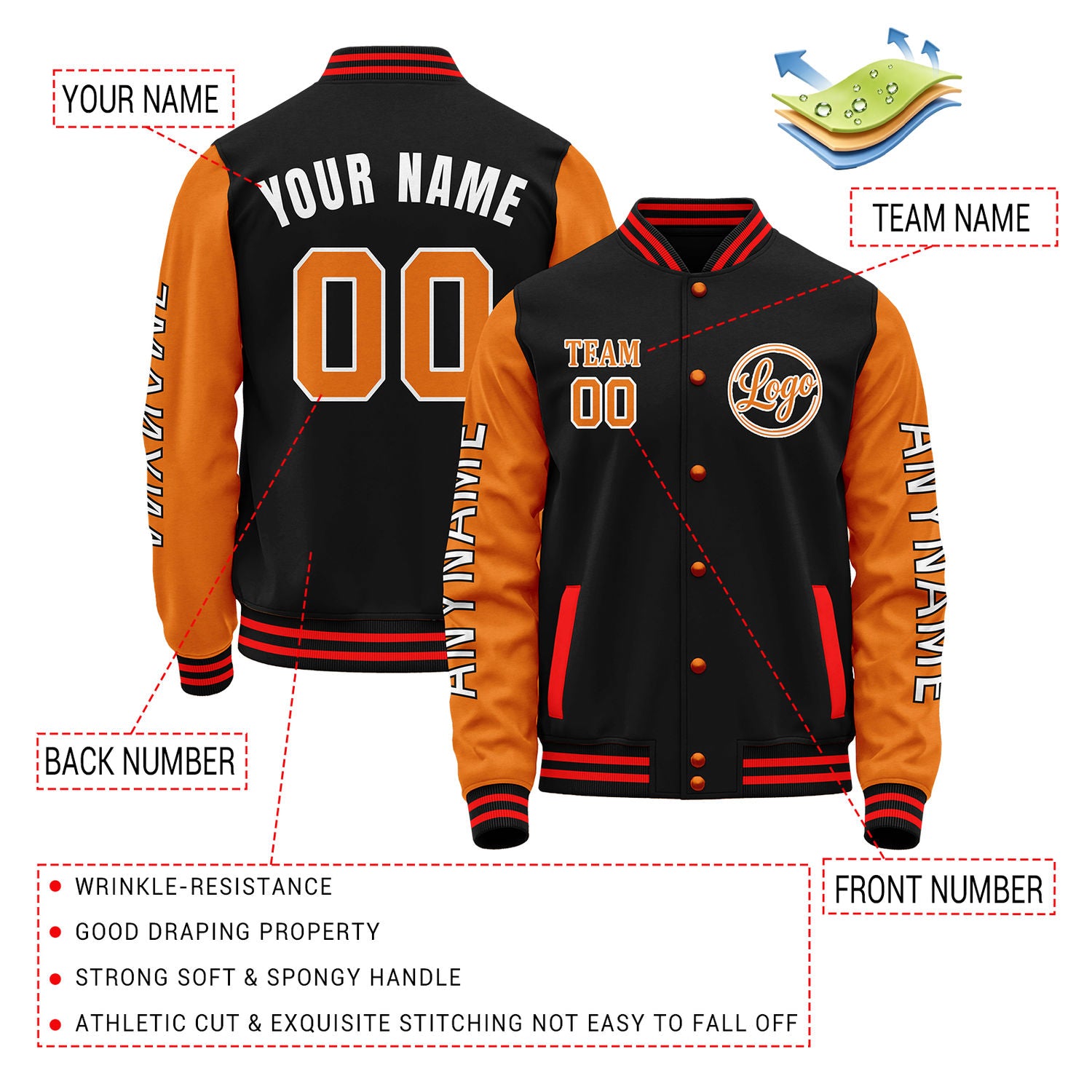 Custom Black & Orange Color Block Varsity Jacket | Personalized Letterman Bomber with Sleeve Text & Logo