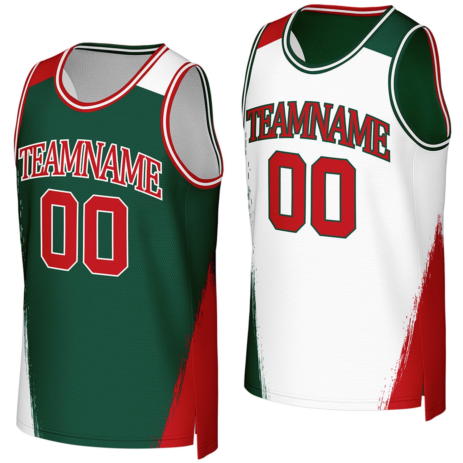 Custom travel basketball jerseys green white reversible by Vosoli, Personalized team name, number & logo. Fast delivery.