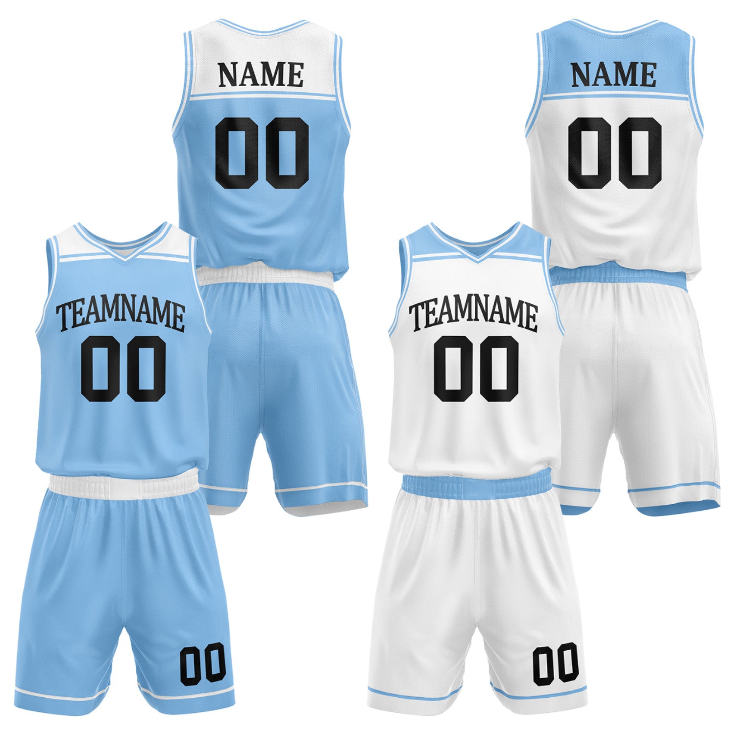Custom travel basketball uniforms carolina blue white by Vosoli. Personalized team name, player name, number & logo. Breathable mesh. Fast delivery.