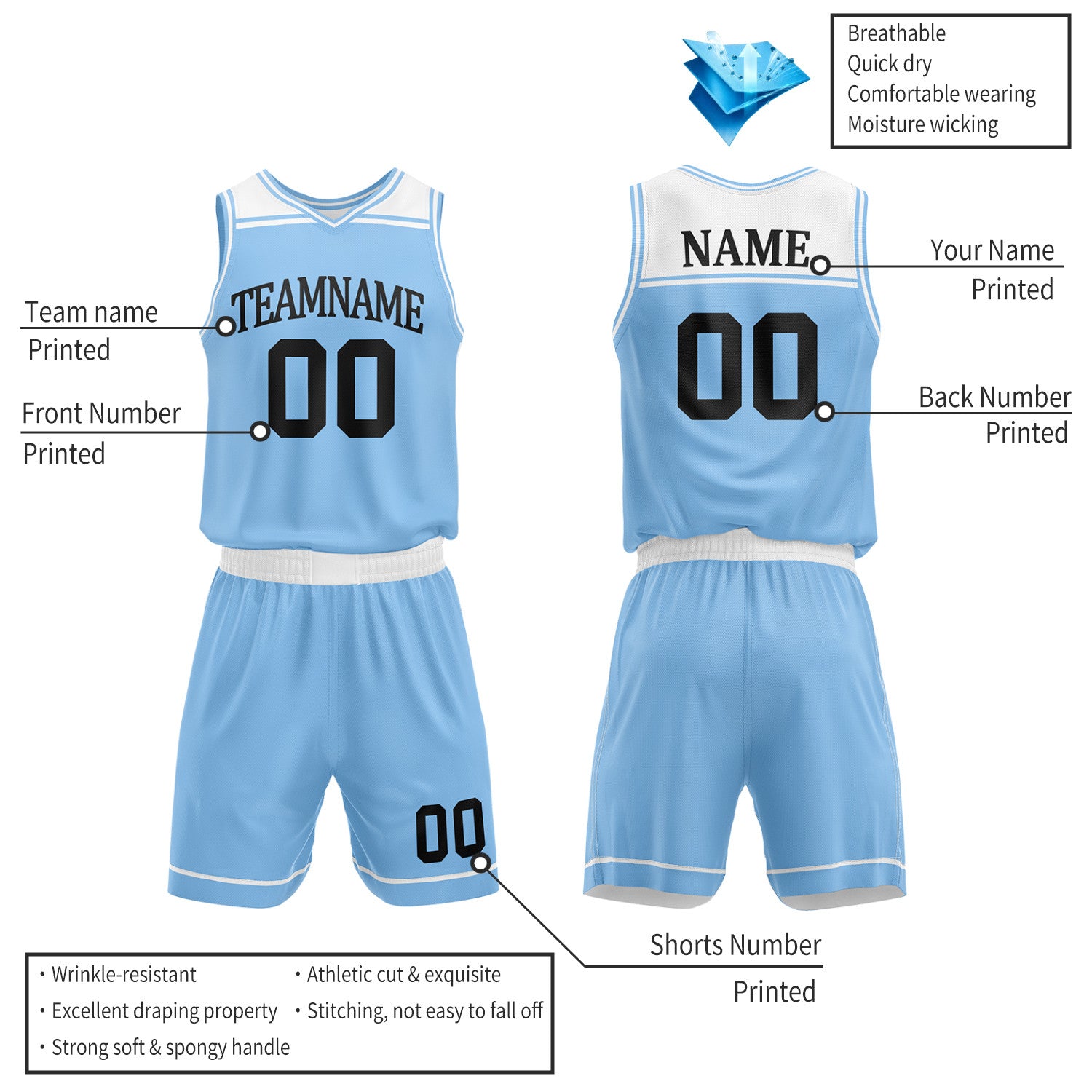 Custom Carolina Blue & White Double Sided Basketball Jersey Set | Wholesale Team Uniform