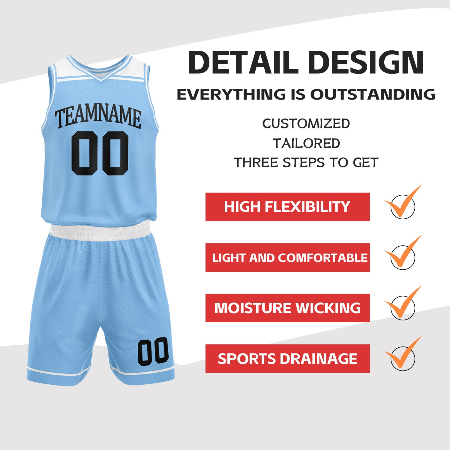 Custom Carolina Blue & White Double Sided Basketball Jersey Set | Wholesale Team Uniform