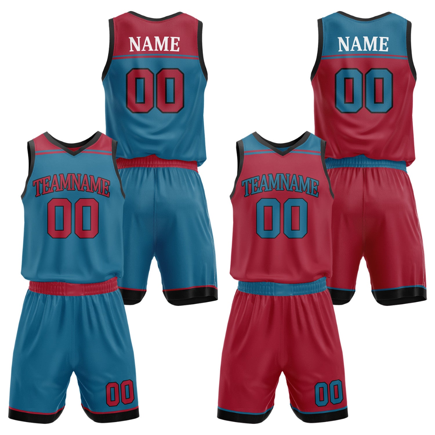 Custom travel basketball uniforms teal maroon by Vosoli. Personalized team name, player name, number & logo. Breathable mesh. Fast delivery.