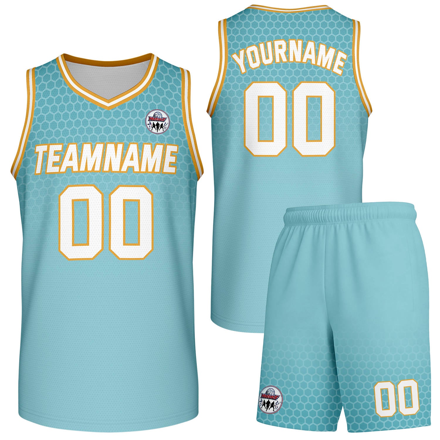 Custom turquoise honeycomb-pattern basketball uniform set, personalized team name number logo breathable mesh jersey and shorts men women youth game practice - Vosoli
