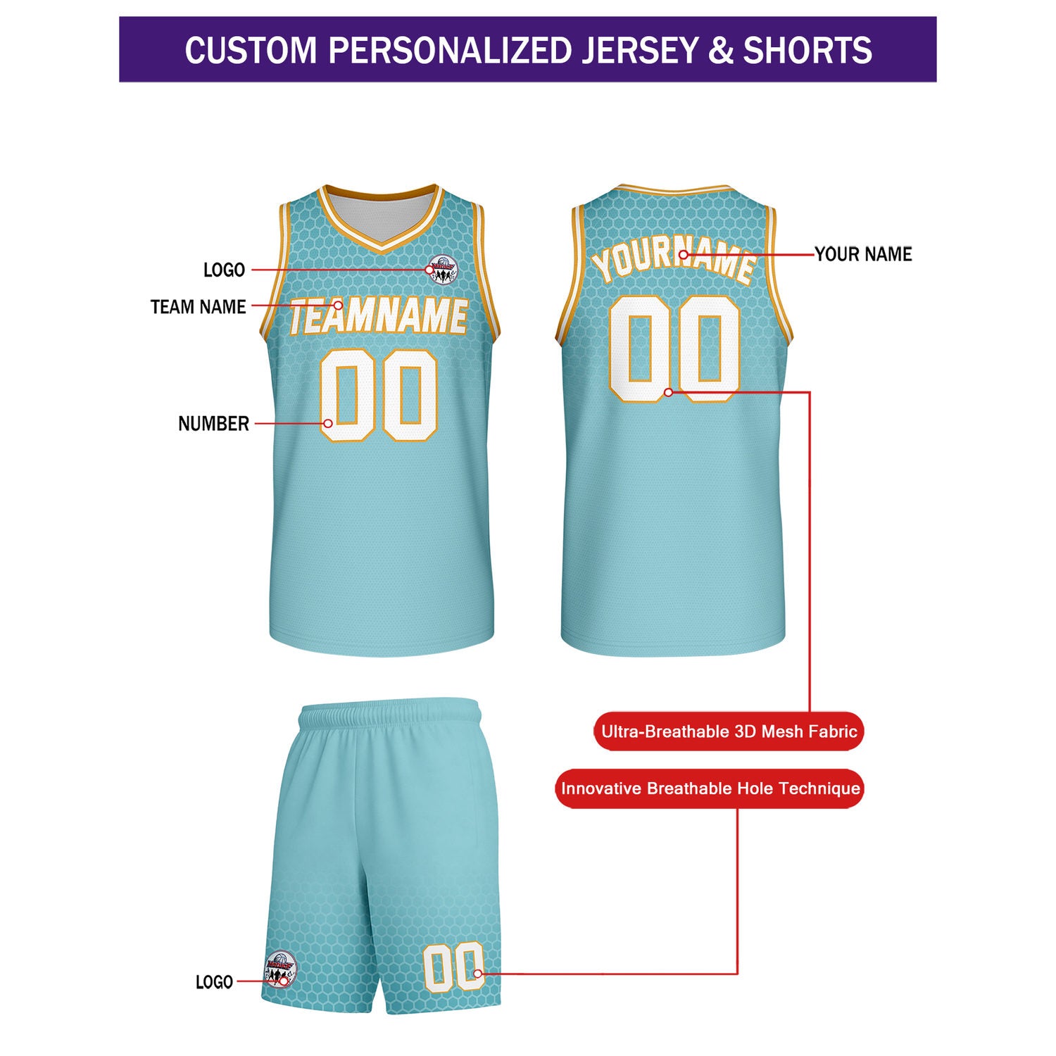 Custom Turquoise & Gold Honeycomb Basketball Uniform Set | Personalized Team Name & Number - Vosoli