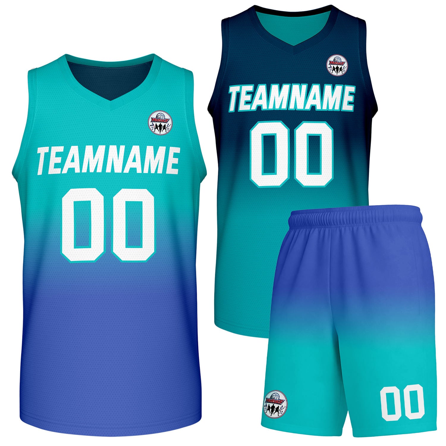 Custom turquoise-to-navy blue gradient basketball uniform set, personalized team name number logo breathable mesh sports jersey and shorts for men women youth game practice - Vosoli
