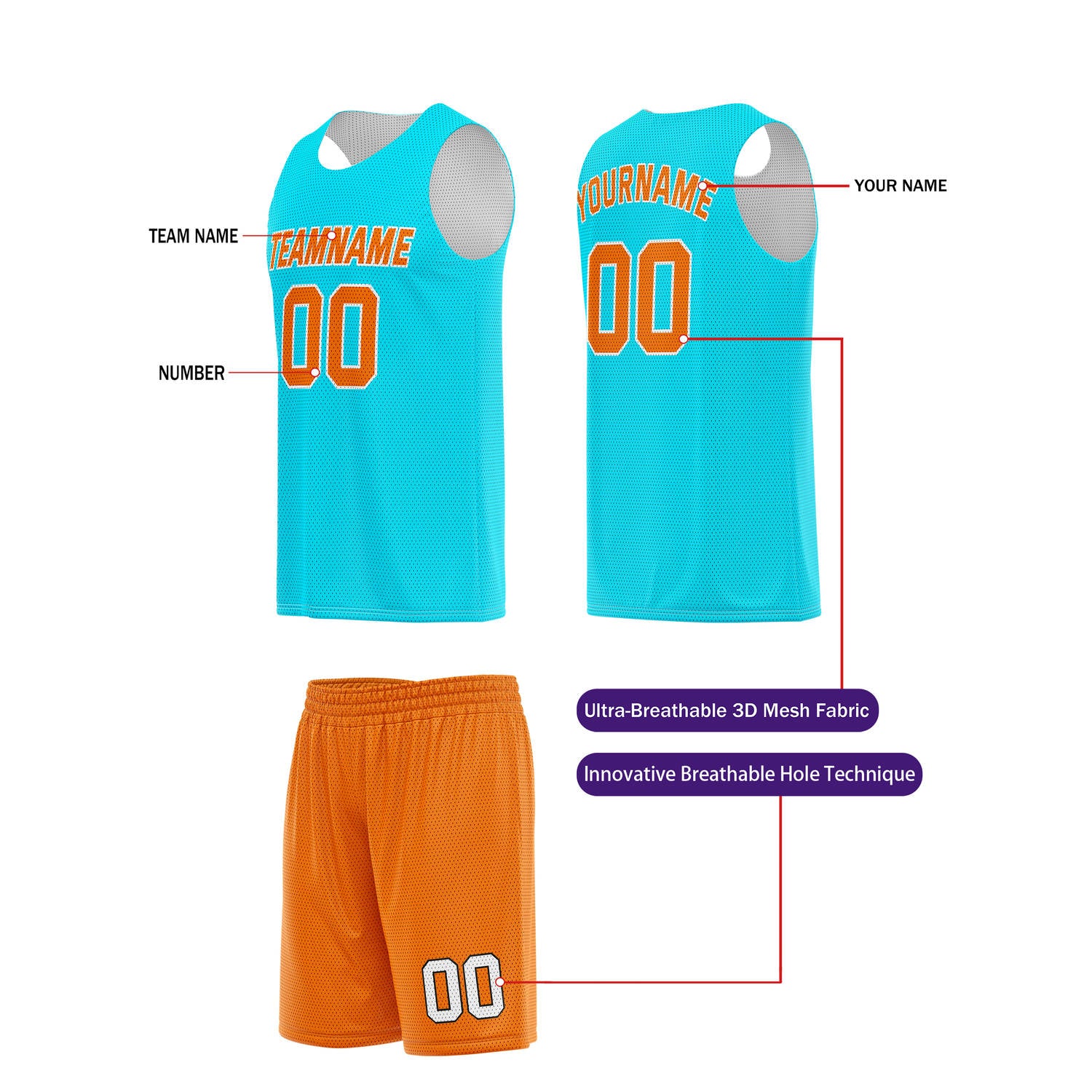 Custom Turquoise & Orange Basketball Jersey + Shorts Set - Personalized Team Name, Number | Vosoli