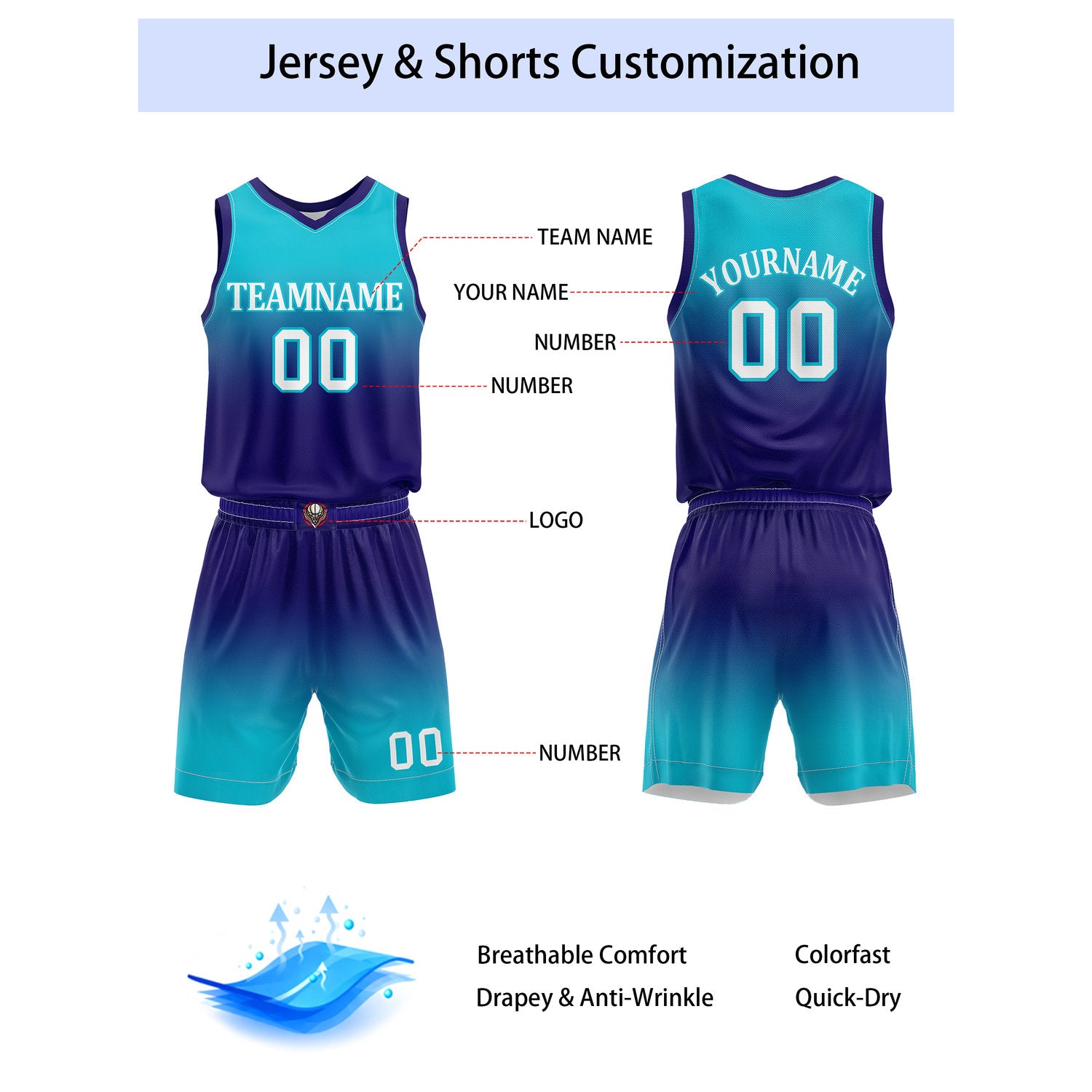Custom Turquoise & Purple Gradient Basketball Jersey + Shorts Set - Personalized Team Name, Number | Vosoli