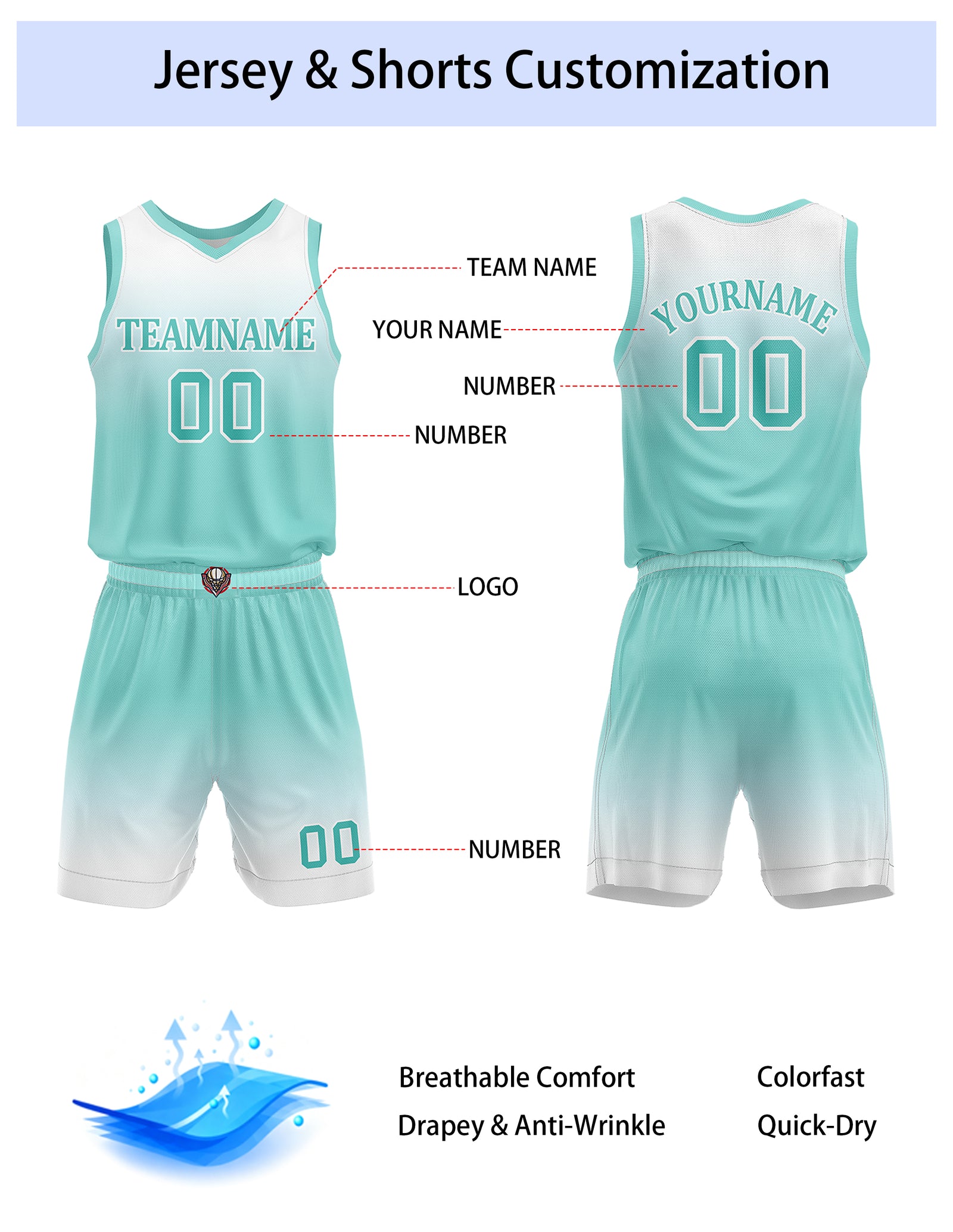 Custom Turquoise & White Gradient Basketball Jersey + Shorts Set - Personalized Team Name, Number | Vosoli