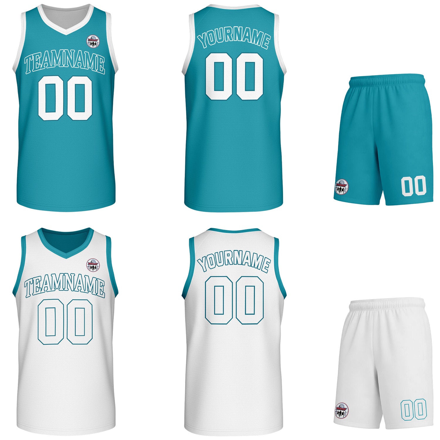 Custom turquoise & white Reversible basketball uniform set, personalized team name number logo breathable mesh jersey and shorts men women youth game practice - Vosoli