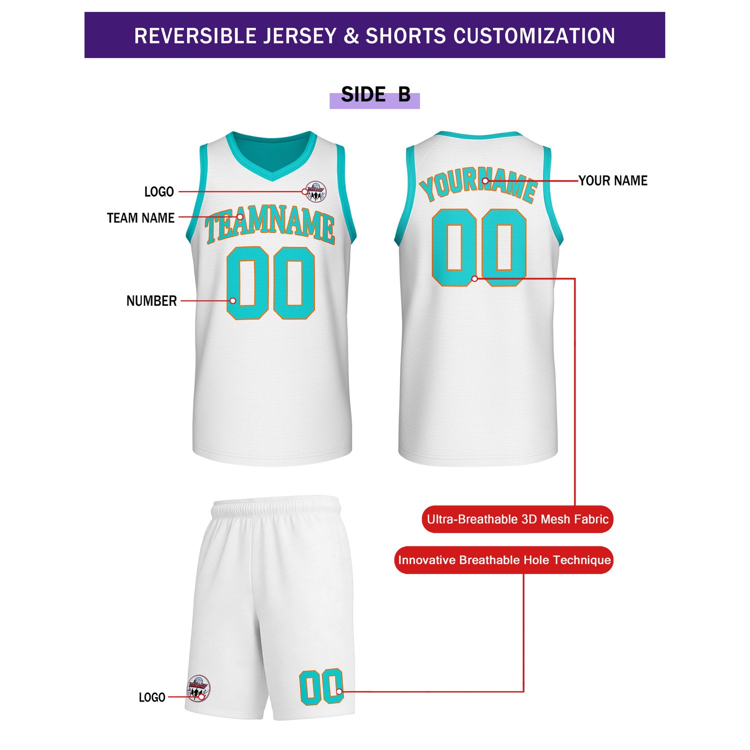 Custom Turquoise & White Reversible Basketball Uniform Set | Personalized Team Name & Number - Vosoli