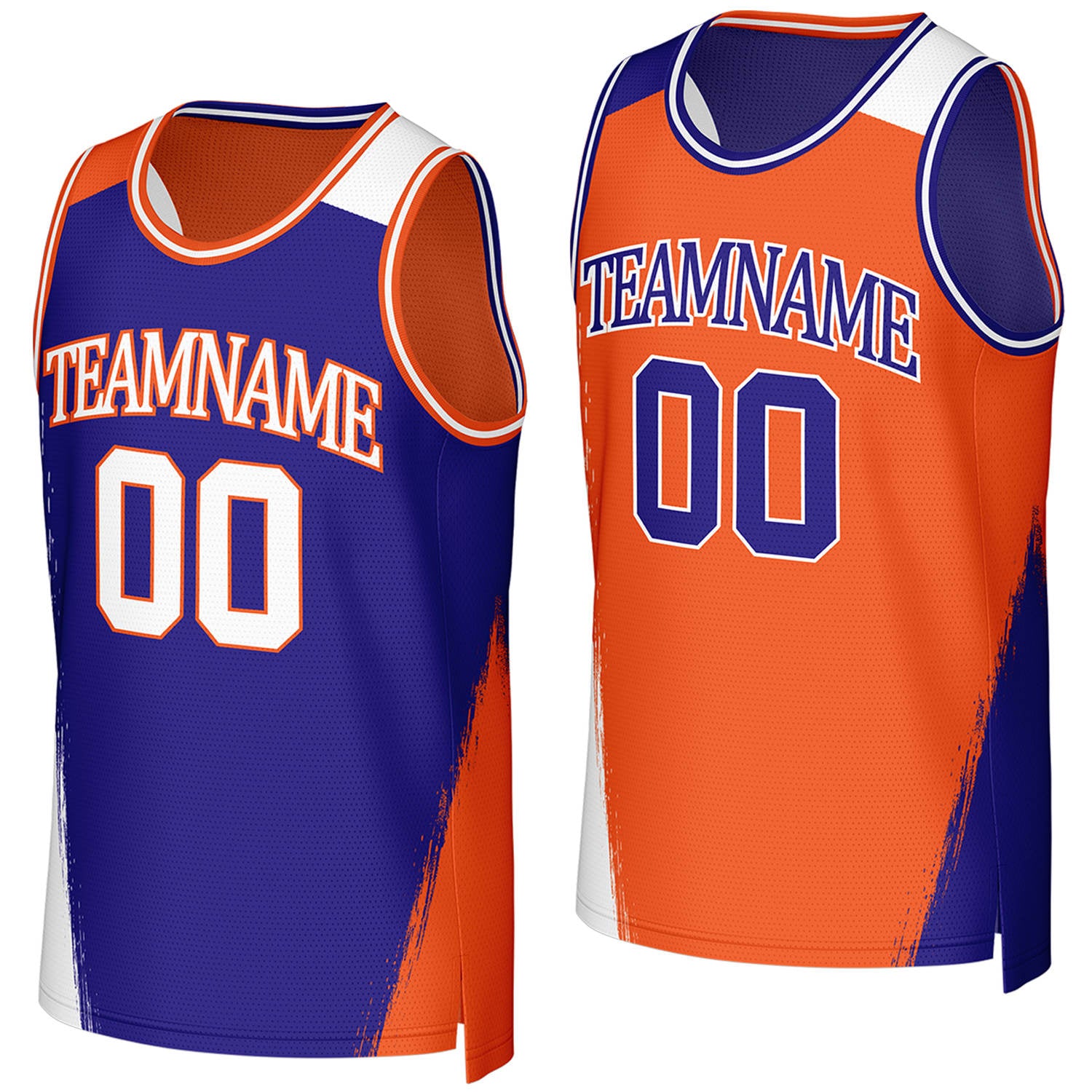 Custom university basketball jerseys blue orange reversible by Vosoli, Personalized team name, number & logo. Fast delivery.