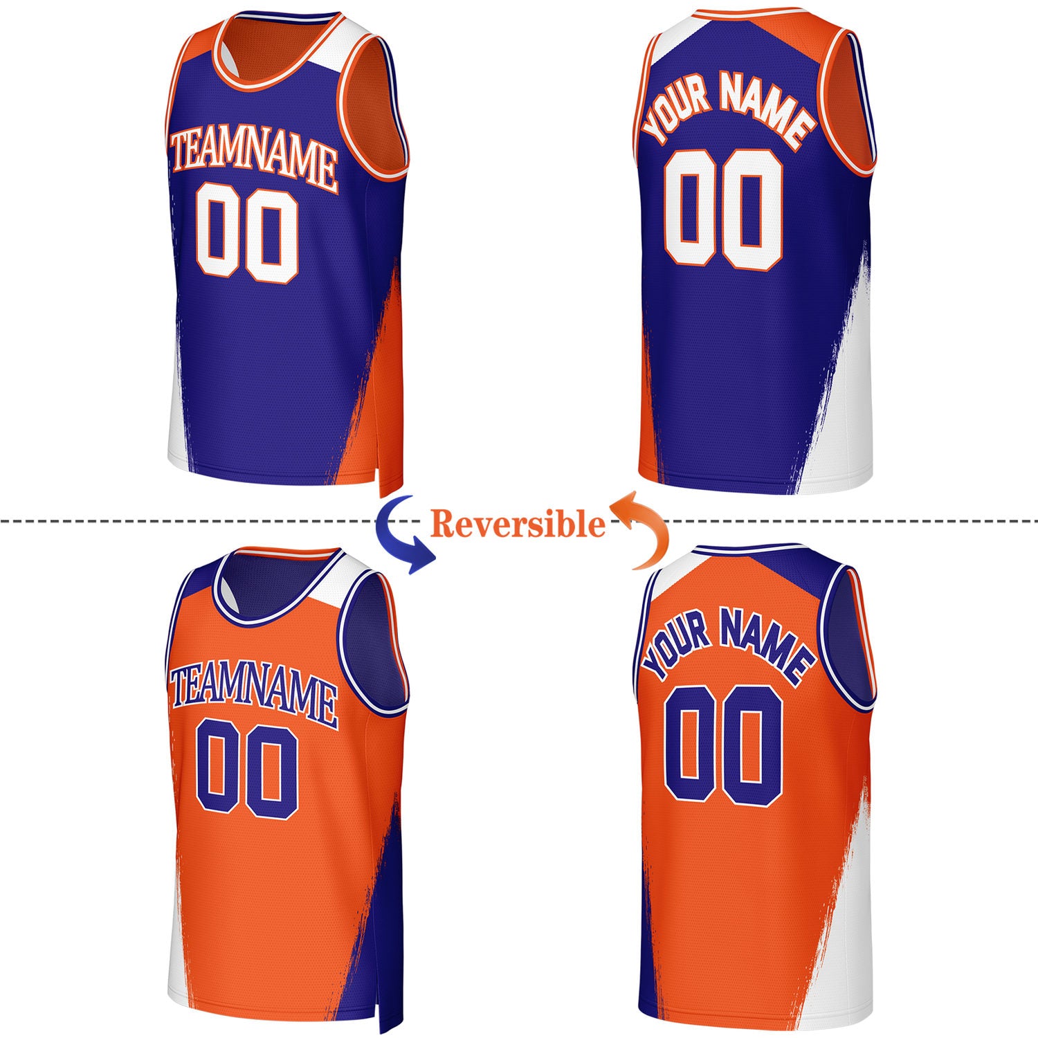 Custom Blue & Orange Brush Stroke Reversible Basketball Jersey | Personalized Team Uniforms for Adult & Youth