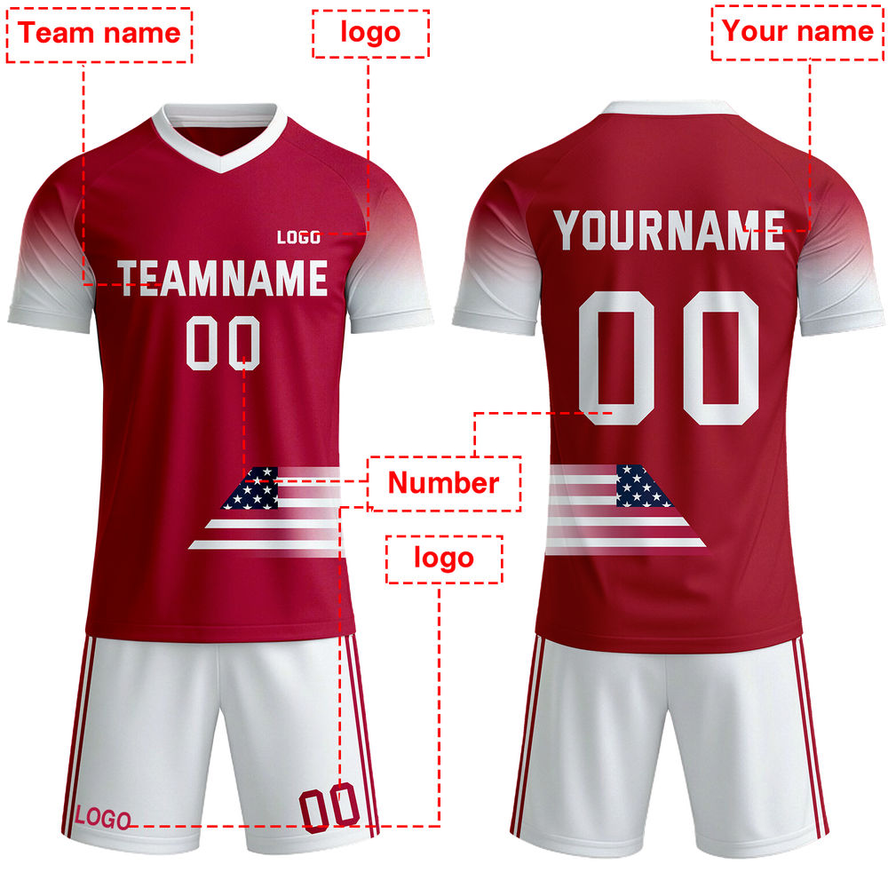 Custom USA Flag Soccer Jersey - Personalized Red & White Gradient Team Uniform Kit
