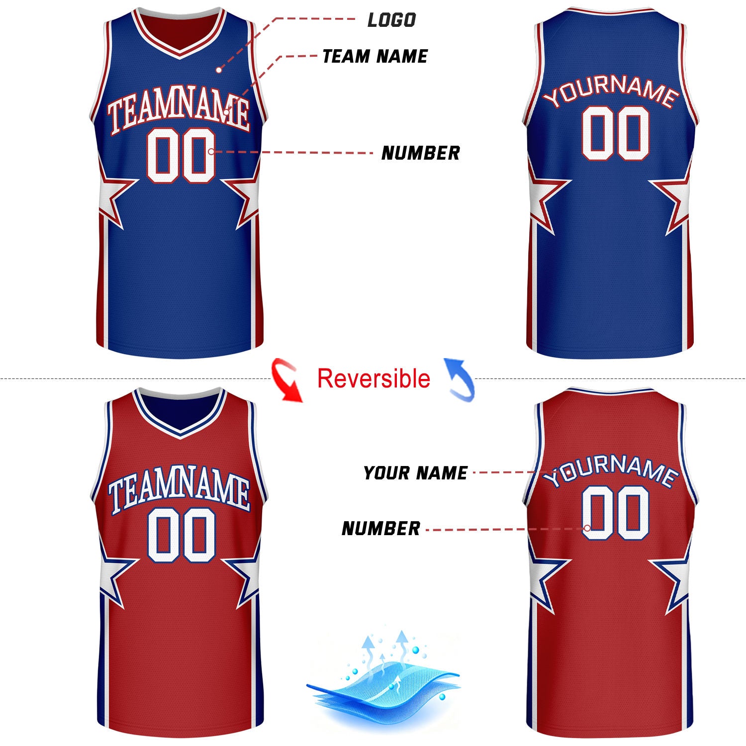 Custom Royal Blue & Red Star Graphic Reversible Basketball Uniform Set | Breathable Mesh Jersey & Shorts for Team Sports