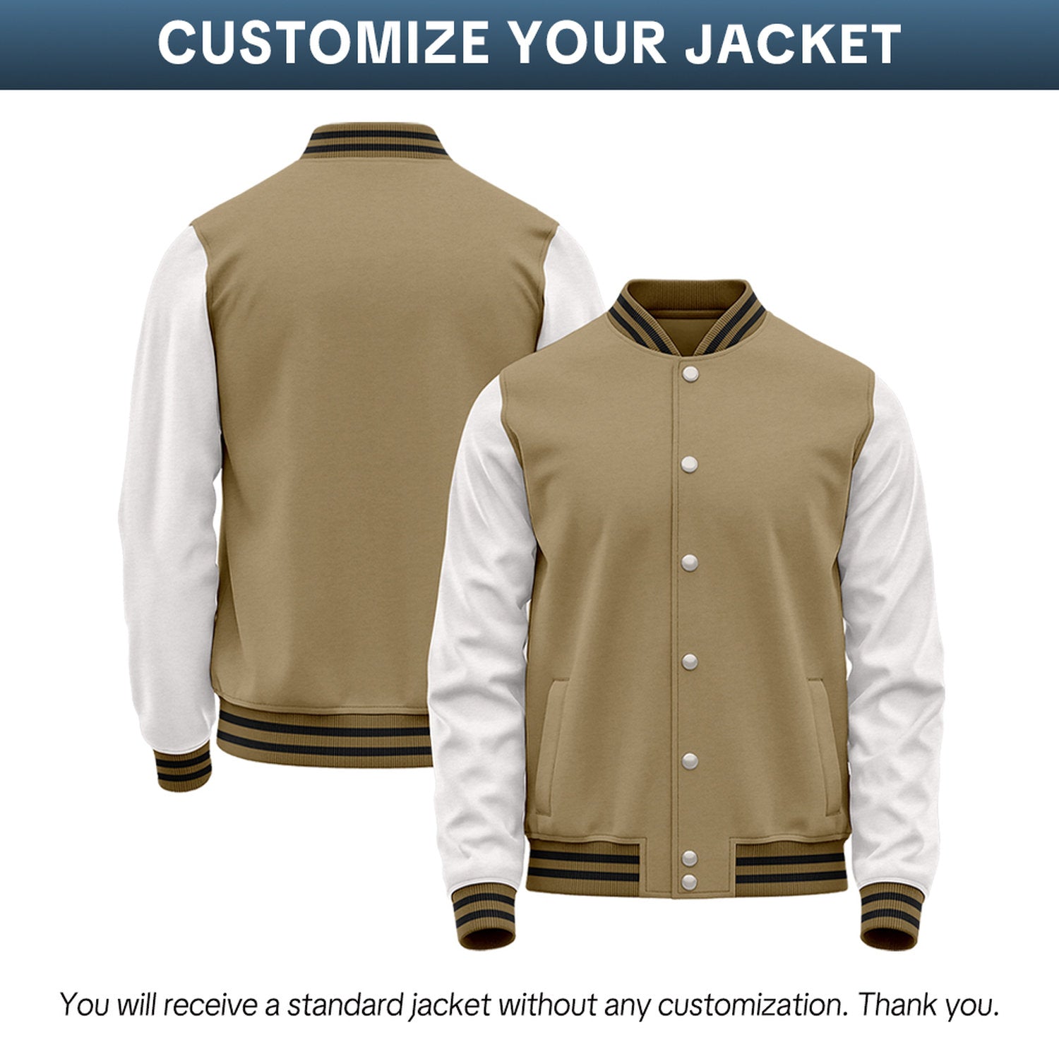 Custom Khaki & White Two-Tone Varsity Jacket | Personalized Baseball Bomber with Name, Number & Logo