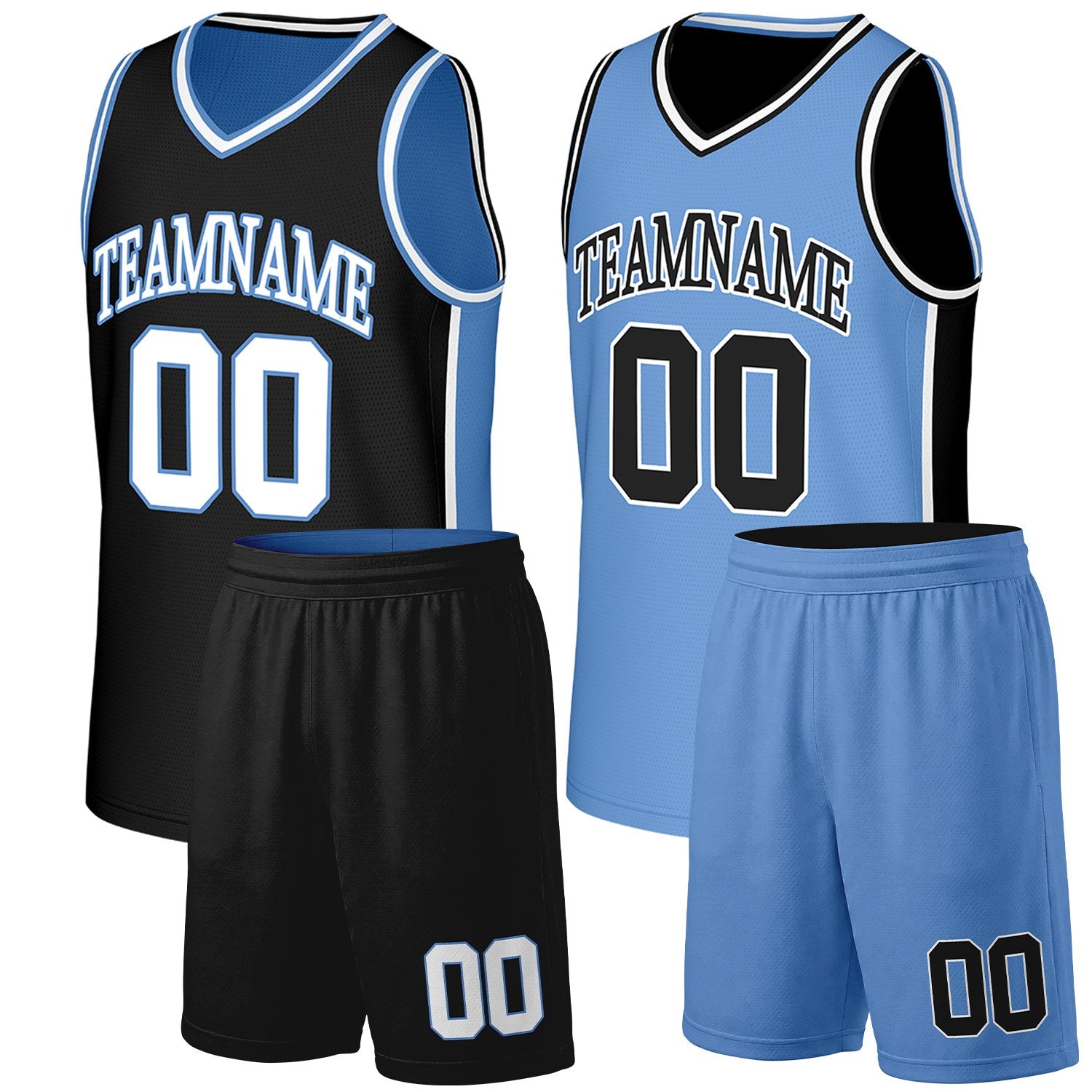 Custom varsity basketball uniforms black lightblue reversible by Vosoli. Personalized team name, number & logo. Breathable mesh. Fast delivery.