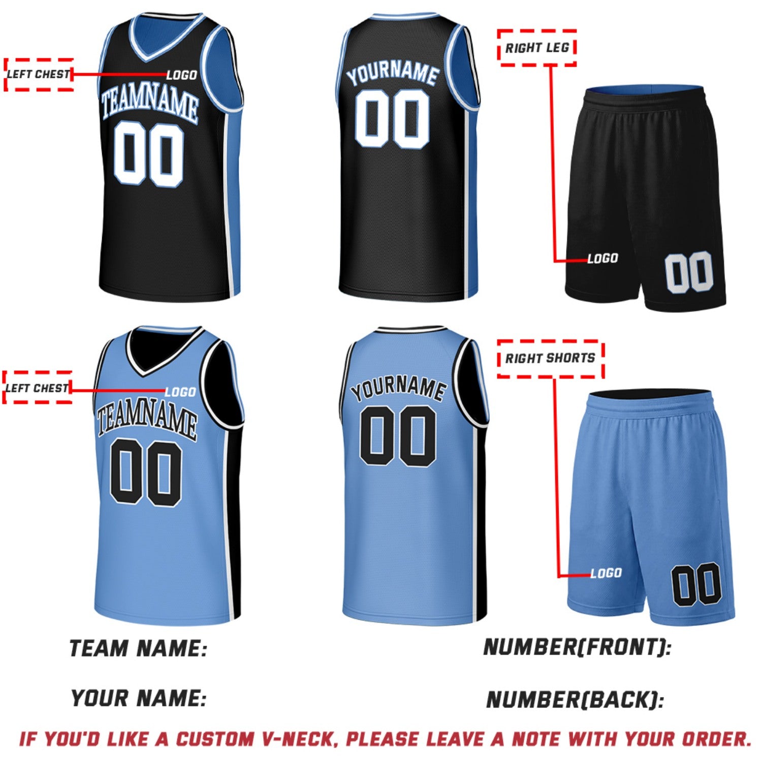 Custom Black & Light Blue Double Sided Basketball Uniform Set | Personalized Team Uniforms for Adult & Youth