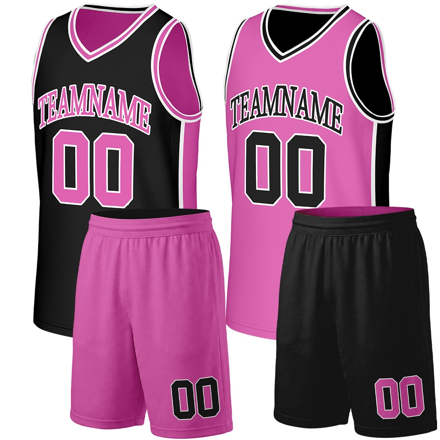 Custom varsity basketball uniforms black pink reversible by Vosoli. Personalized team name, number & logo. Breathable mesh. Fast delivery.
