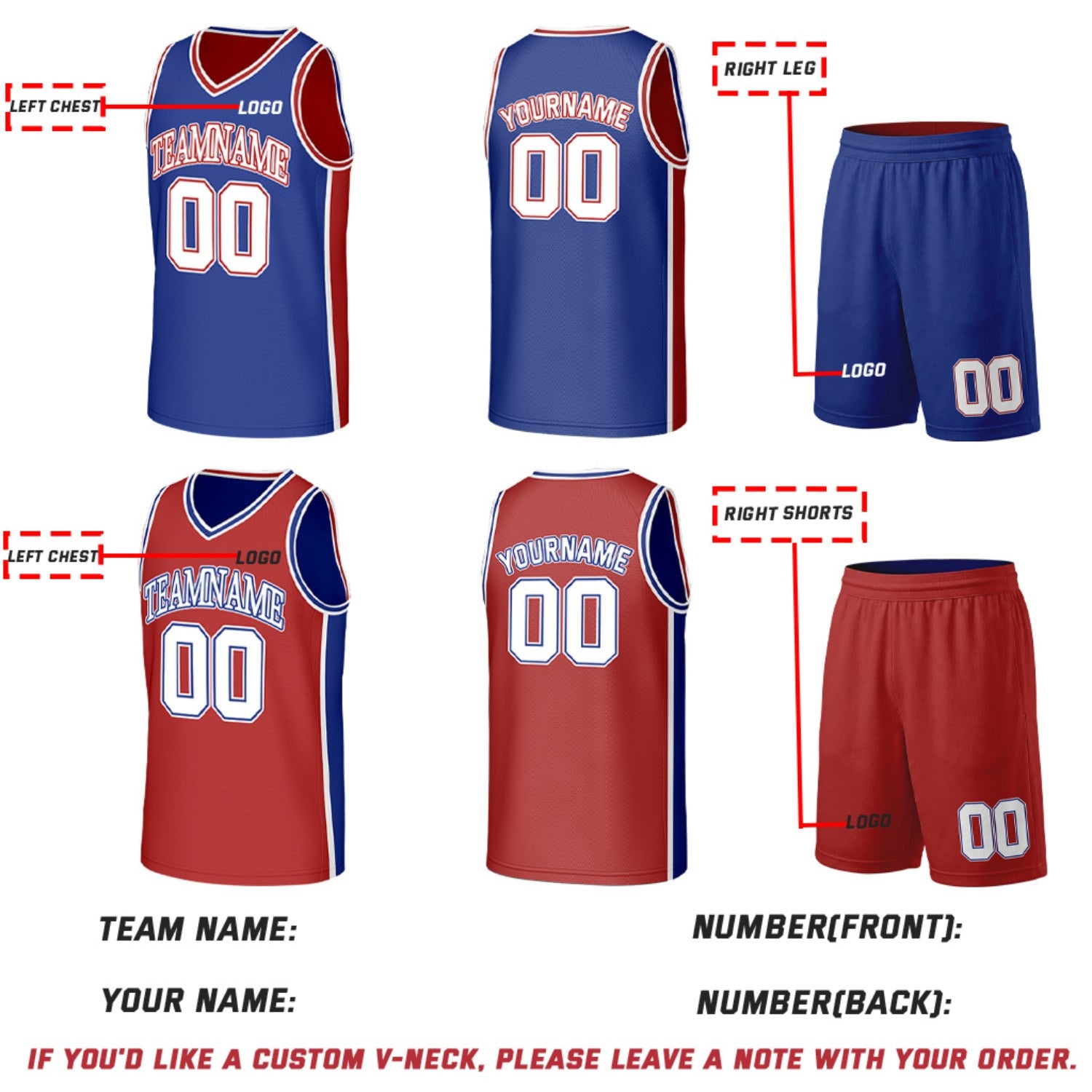 Custom Red & Blue Double Sided Basketball Uniform Set | Personalized Team Uniforms for Adult & Youth