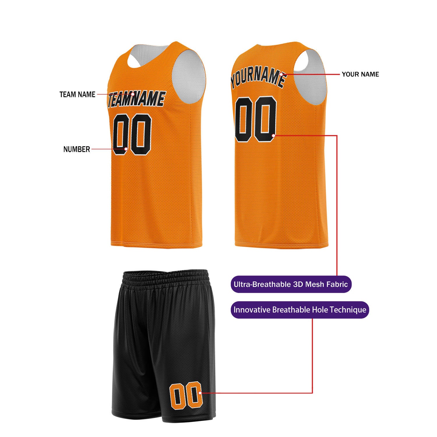Custom Vibrant Orange & Black Basketball Jersey + Shorts Set - Personalized Team Name, Number | Vosoli
