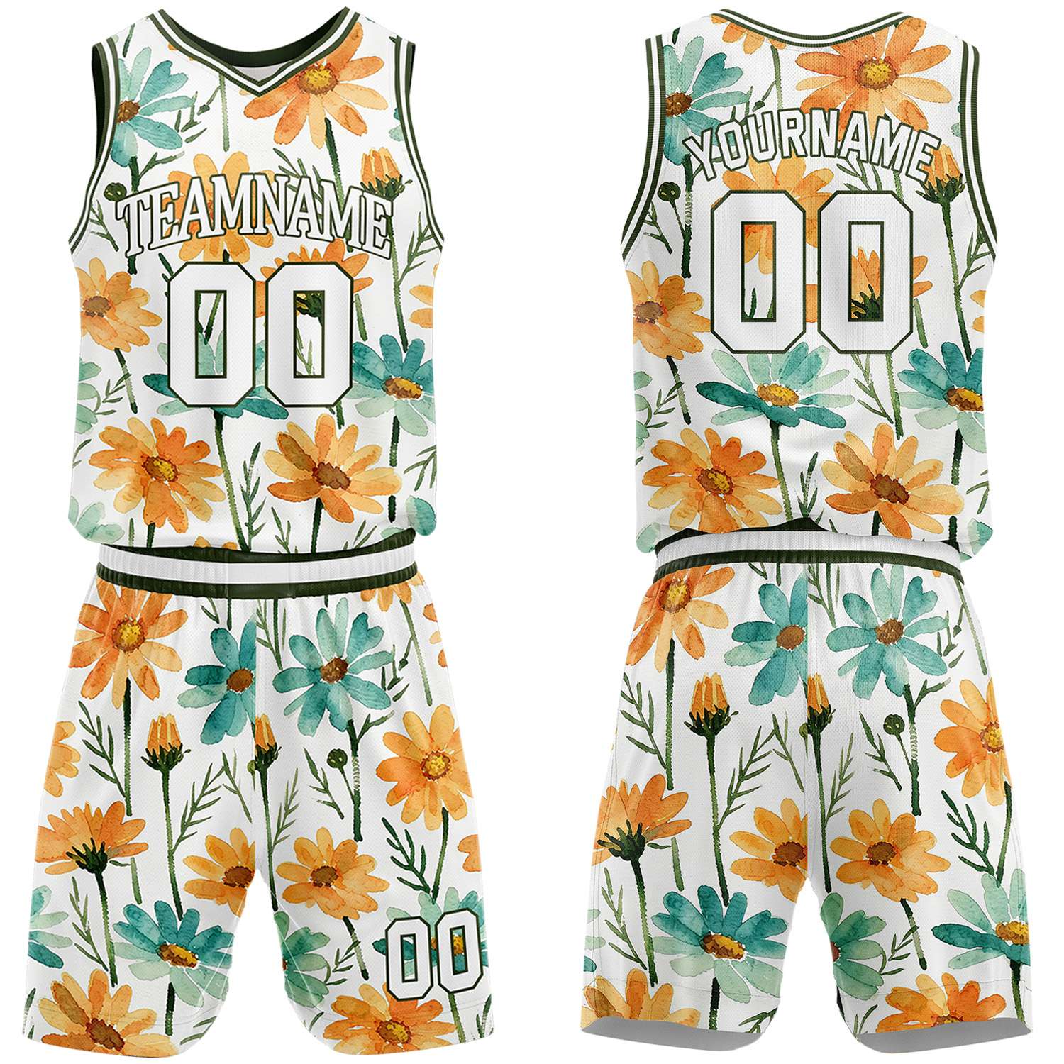 Custom watercolor flower basketball jersey & shorts set by Vosoli | Personalized team name & number sportswear