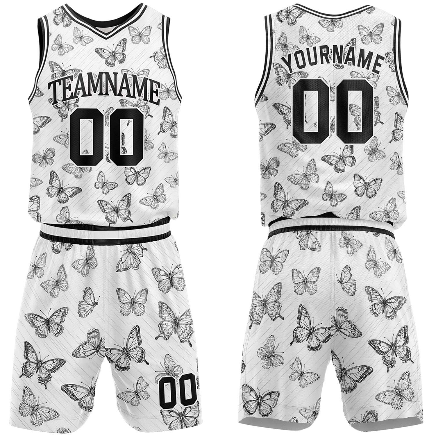 Custom white & black butterfly basketball jersey & shorts set by Vosoli | Personalized team name & number sportswear