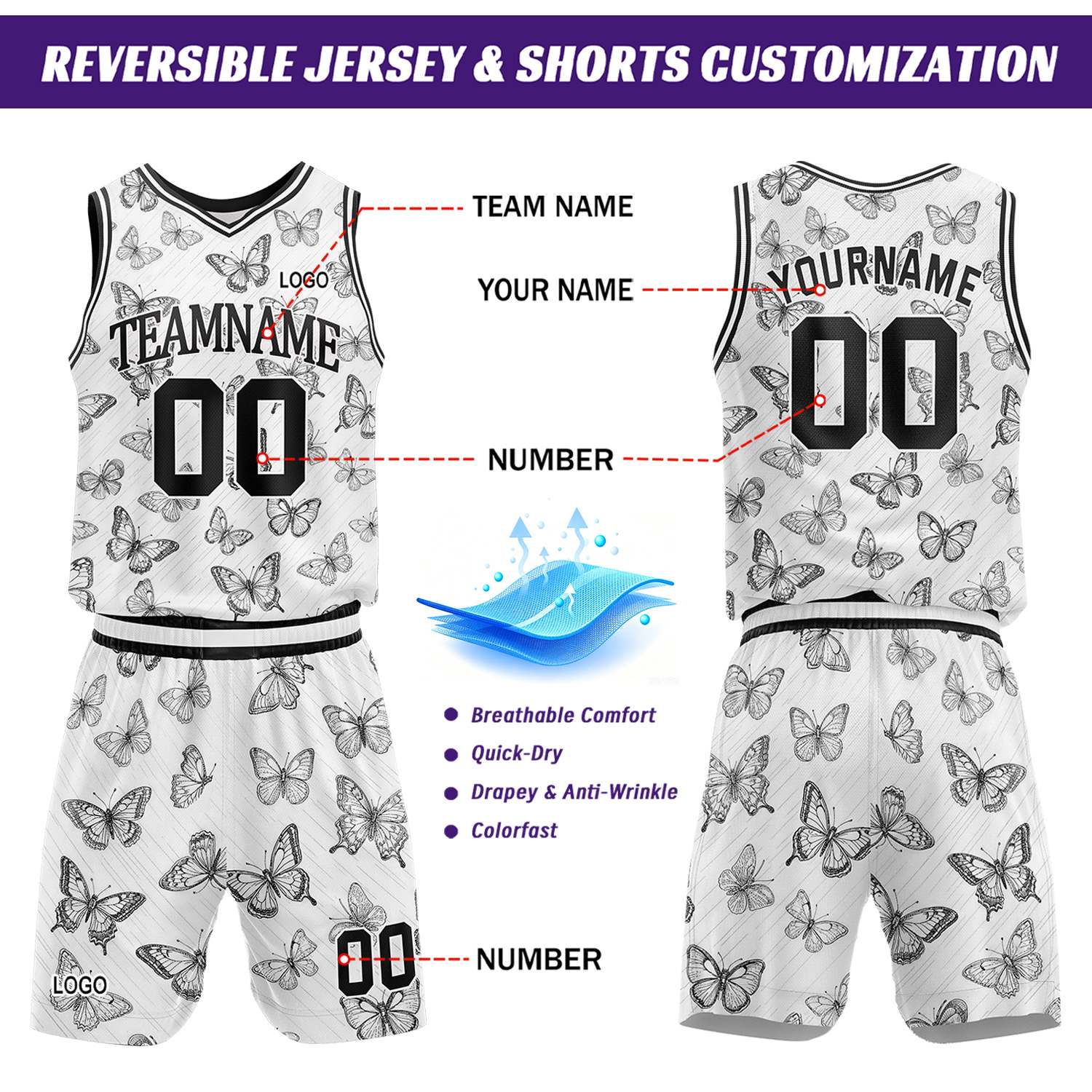 Custom White & Black Butterfly Basketball Jersey & Shorts Set | Personalized Team Uniform