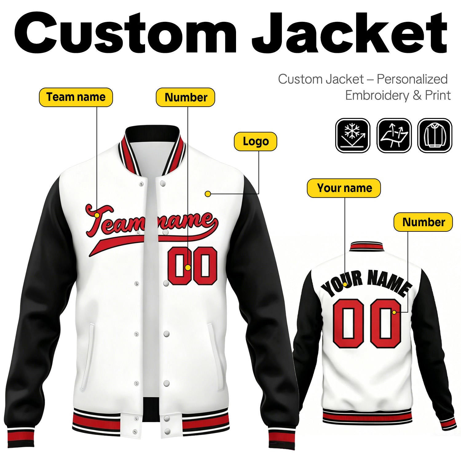 Custom White & Black Contrast Sleeve Varsity Baseball Jacket | Personalized Team Name & Number