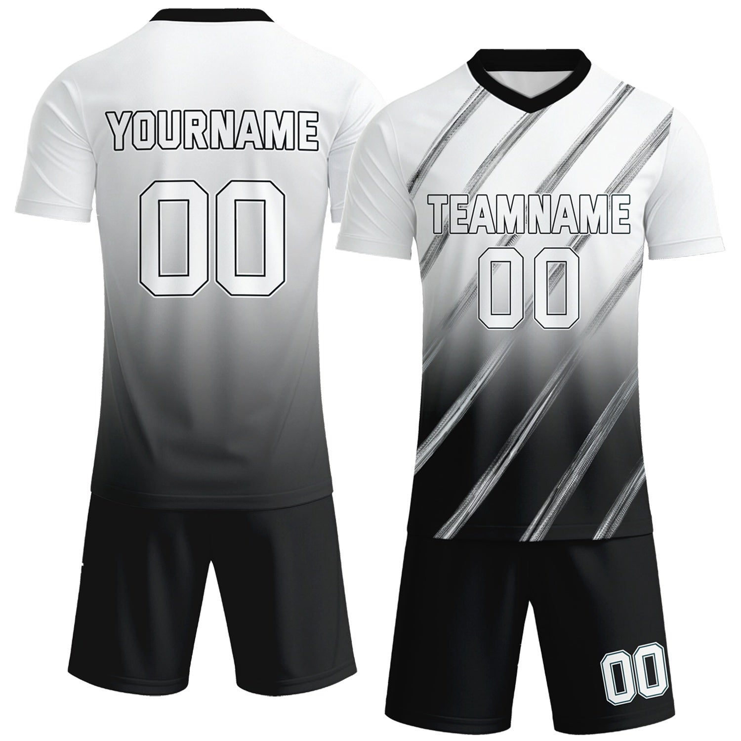 Custom white & black gradient soccer jersey set, personalized name number team logo, short-sleeve jersey with matching shorts sports uniform for men women youth adult game practice - Vosoli
